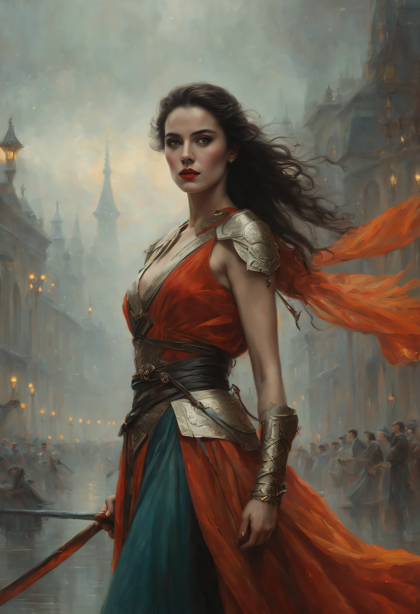 ~*~Breathtaking~*~ cinematic realistic close-up shot in a movie scene, vibrant colors, highly detailed, presented in cinemascope, creating a moody atmosphere.
1 female warrior, beautiful , french,  robe
Tom Bagshaw (masterpiece, best quality:1.3),