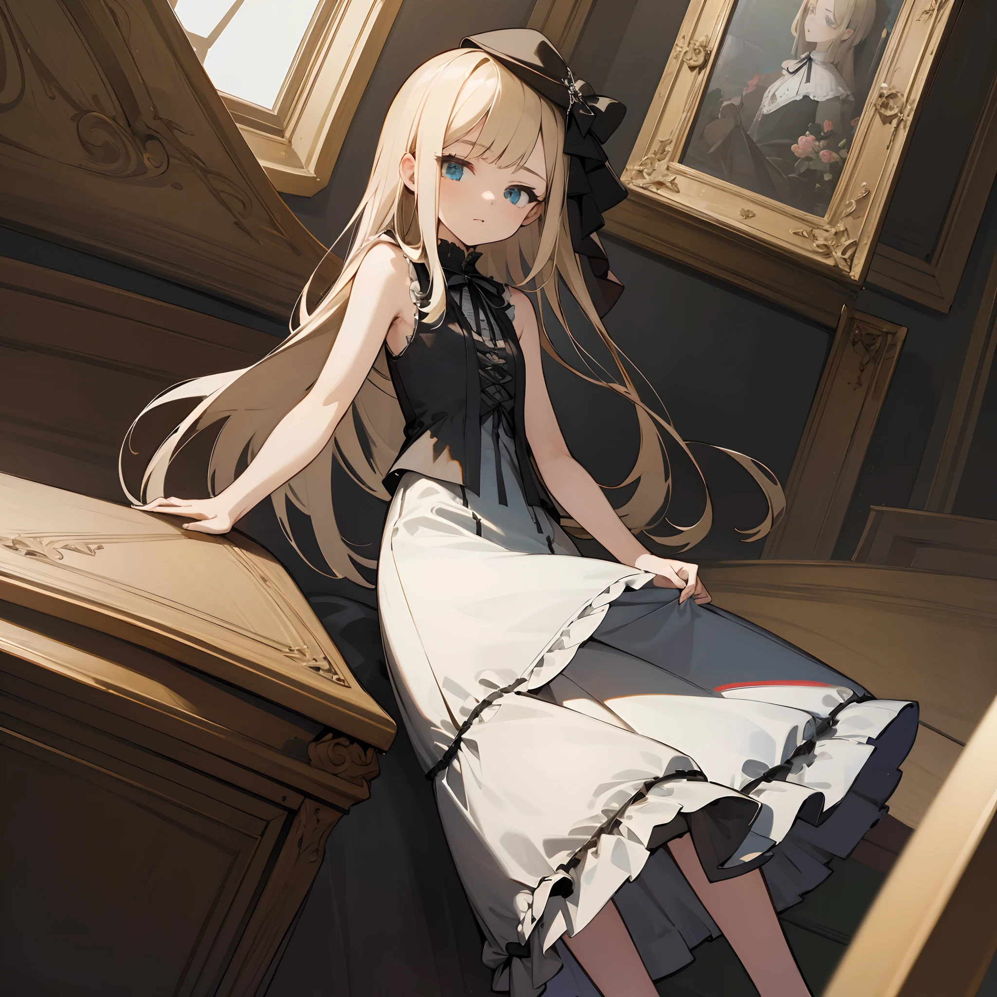 Reines, 1girl, high quality, best quality, illustration, masterpiece, (highly detailed:1.2), (extremely detailed:1.3), flat chest, sleeveless, gothic ta, young girl, white dress, looking at viewers, short skirt, white, string ribbon, in a house
