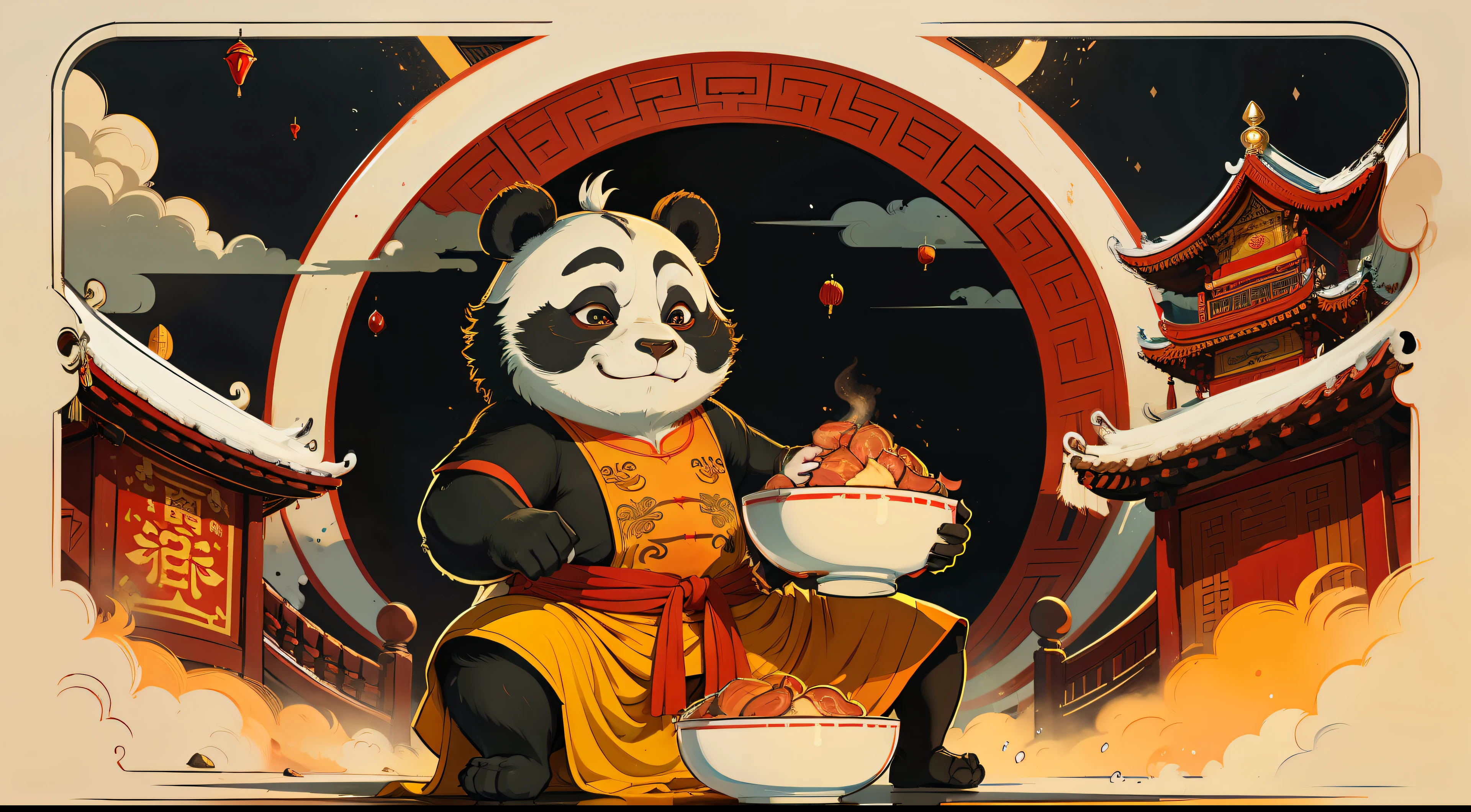 A Kung Fu Panda dressed in a Tang costume sits outside the palace,The characters fit the panda image,with smile,Carrying a bowl full of meat,Chinese red palace in background,the watercolor style
