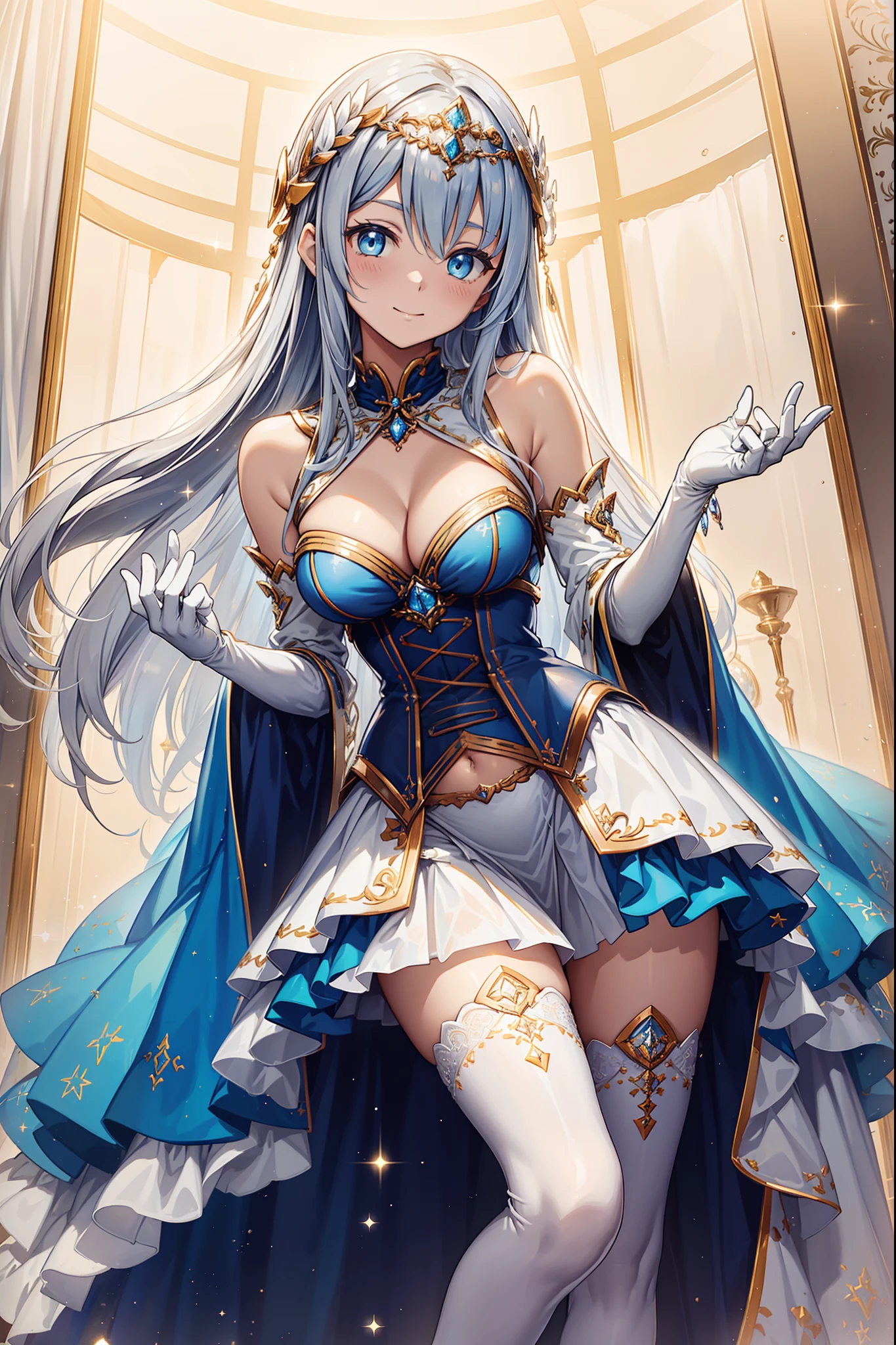 saints,divino,having fun,salvador,(Pure white corset:1.2),(dark-blue skirt:1.1),White thigh socks,Blue pattern,(Silvery hair:1.2),eBlue eyes,(Headdress of the saint),(Sacred motifs),Maximalism,Ruffles,Lace,Multi-colored cloth,Delicate embroidery,Delicate pattern,(exquisite costumes),White gloves,see-through transparent clothes,Bedrooms,glittery,Shine,the night,solo person,Fluttering skirt,Beautiful detailed face,