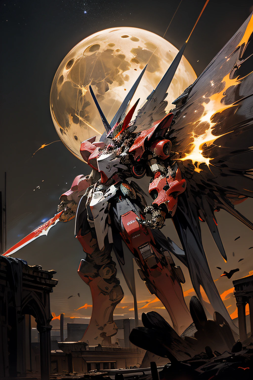 A large red mecha with black bat wings standing in a desert at night over the ruins of a flaming village. The mecha has large black claws on its hands for weapons. The claws extend from the fingers. The moon is visible in the distant sky. lots of stars and nebula