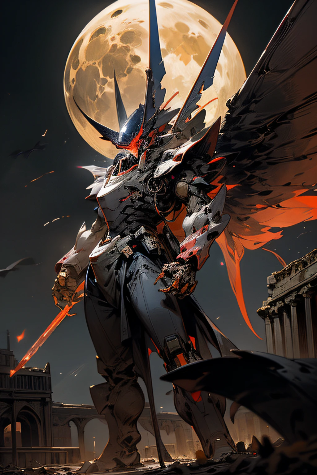 A large red mecha with black bat wings standing in a desert at night over the ruins of a flaming village. The mecha has large black claws on its hands for weapons. The claws extend from the fingers. The moon is visible in the distant sky. lots of stars and nebula