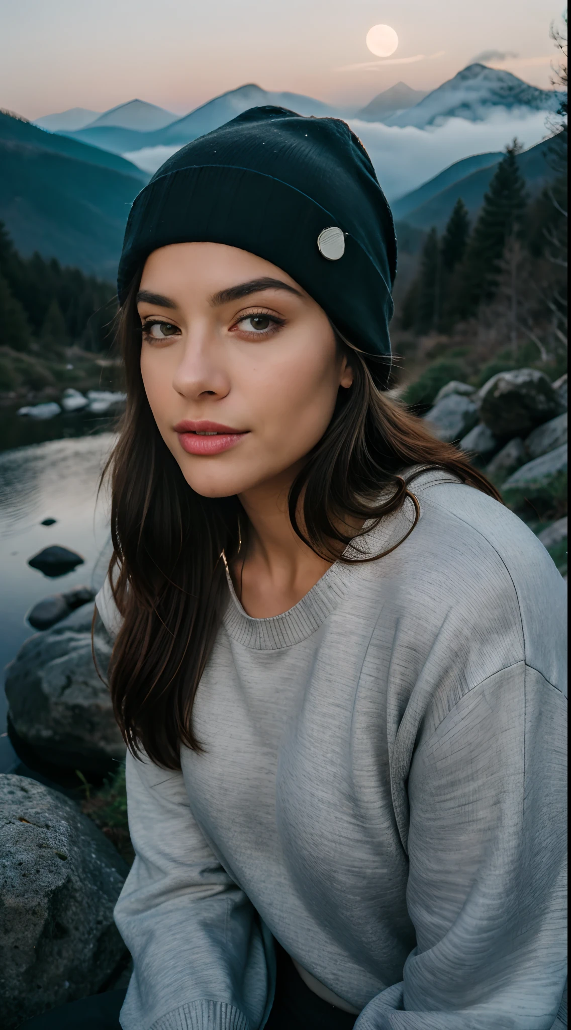 photorealistic, best quality, hyper detailed, beautiful woman, selfie photo, upper body, solo, wearing pullover, 3 different style and cloths ,outdoors, (night), mountains, real life nature, stars, moon, (cheerful, happy), sleeping bag, gloves, sweater, beanie, flashlight, forest, rocks, river, wood, smoke, fog, clear sky, analog style, looking at viewer, skin texture, film grain, close up, ultra high res, best shadow, RAW, instagram LUT