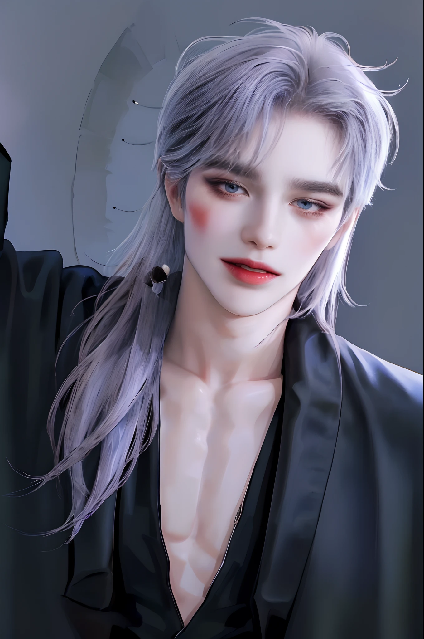 ((4K works))、​masterpiece、（top-quality)、((high-level image quality))、((One beautiful vampire woman))、Slim body、((Black Y Shirt Fashion))、(Detailed beautiful eyes)、((black backgrounds))、((Face similar to Chaewon in Ruseraphim))、((shoulder-length hair))、((bright silver hair))、((Smaller face))、((Neutral face))、((Light blue eyes))、((Korean Women))、((18year old))、((Wild Lady))、((Show your teeth and smile))、((Korean makeup with black eyeshadow))、((elongated and sharp eyes))、((Shot alone))、((Vampires))、((Vampire Woman))、Vampire Photos、Villain、Dark Proof、((Shot diagonally from the side))、((Icon Photo))