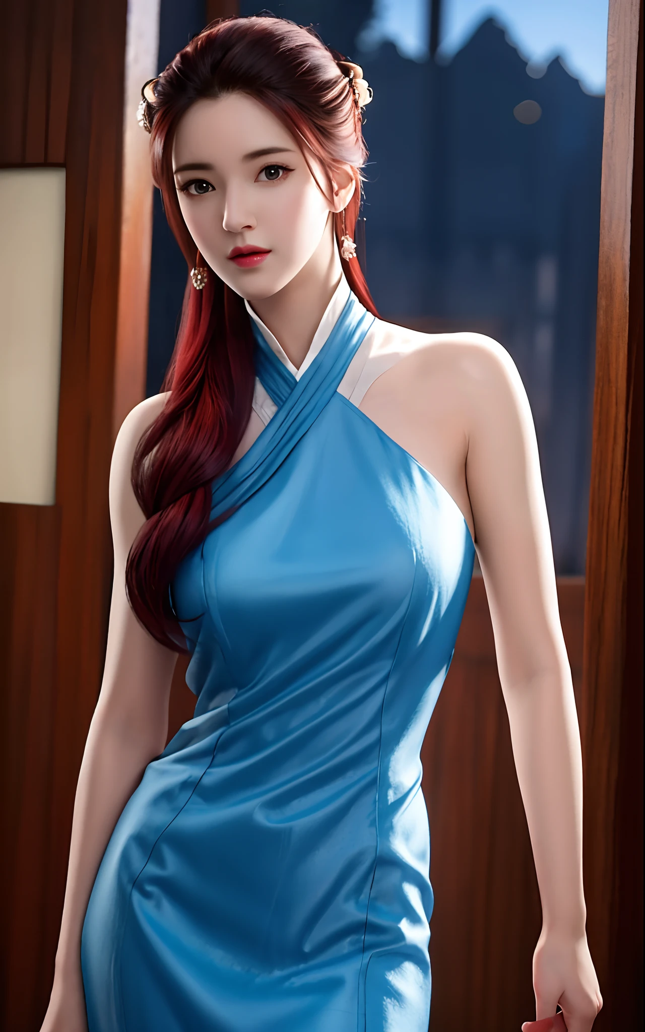 a close up of a woman in a blue dress with a white dress, upon body xianxia, inspired by Lan Ying, inspired by Li Mei-shu, inspired by Qiu Ying, inspired by Li Tang, upon body wuxia, game cg, xianxia, queen of the sea mu yanling, xianxia hero, (hyperrealistic:1.25), (illustration), (high resolution), (8K), (extremely detailed), (best illustration), (beautiful detailed eyes), (best quality), (ultra-detailed), (masterpiece), (wallpaper), (photorealistic), (detailed face), high detailed realistic skin texture, anatomically correct, solo, 1girl, (high detailed realistic hair), (red hair:1.3), (heterochromic eyes), (detailed red glowing eyes:1.25), (realistic big breasts:1.3), (cleavage), (exposed breasts), (bare shoulders), (long legs), (slender abs), (dynamic pose), (closed lips:1.3), (upon body), nsfw, absurdres, highres, ultra detailed, eyeliner, sideboob,
