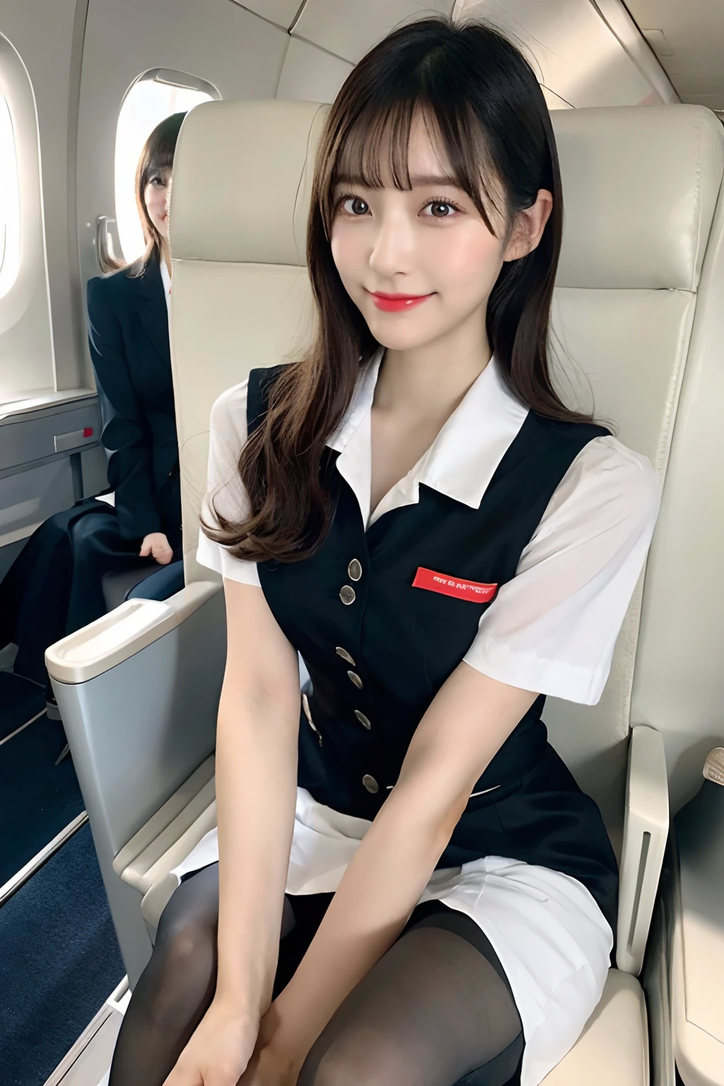 Sexy woman in stewardess uniform、Japan、goddess of Japan、jaw-dropping beauty、Wear ultra-realistic pantyhose、Sit on the plane with your legs crossed、A smile、high-heels、game_nffsw, masutepiece, Best Quality, Photorealsitic, Raw photo、8K, High resolution, Detailed skin, 8K UHD, Digital SLR, Soft lighting, High quality, Film grain, FujifilmXT3, realistic skin textures、shinny skin、Exposed thighs!!!