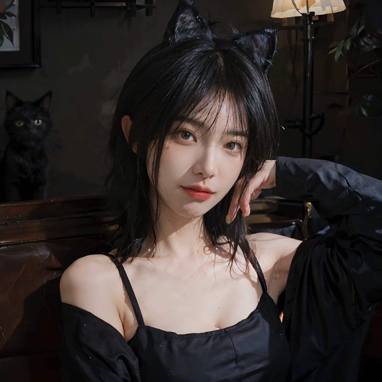 8K、(Sexy poses collection)、(((Black hair color))) 、undersized head、Best Quality, masutepiece, 超A high resolution, (Realism: 1.4), Realistic Photos, (True skin texture: 1.3), (Film grain: 1.3), Beautiful eyes and face details, masutepiece, Best Quality, Full body、bob cuts、18year old、(((Black cat ears grow)))
