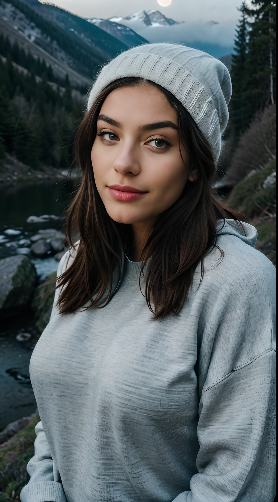 photorealistic, best quality, hyper detailed, beautiful woman, selfie photo, upper body, solo, wearing pullover, 3 different style and cloths ,outdoors, (night), mountains, real life nature, stars, moon, (cheerful, happy), sleeping bag, gloves, sweater, beanie, flashlight, forest, rocks, river, wood, smoke, fog, clear sky, analog style, looking at viewer, skin texture, film grain, close up, ultra high res, best shadow, RAW, instagram LUT