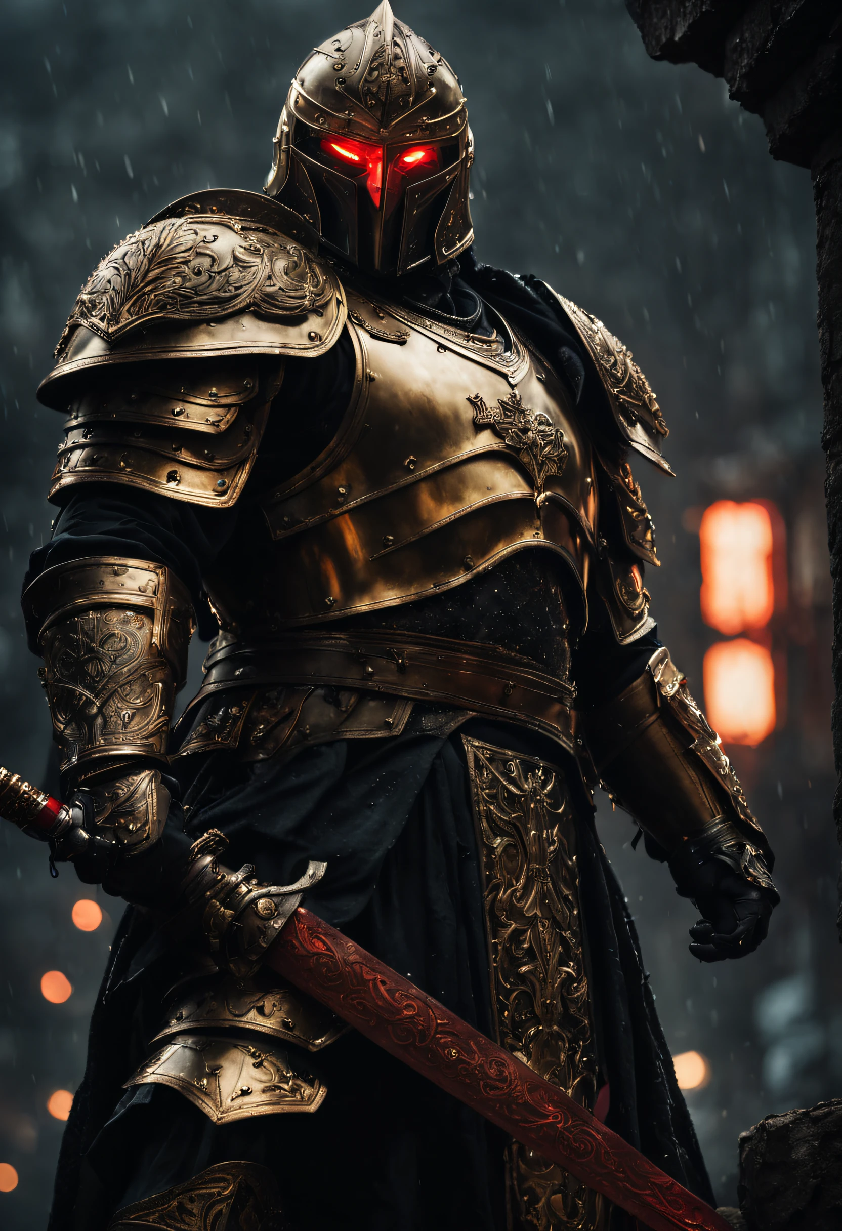 ~*~Breathtaking~*~ cinematic realistic close-up shot in a movie scene, vibrant colors, highly detailed, presented in cinemascope, creating a moody atmosphere.
strong depth of field, medium shot photo of a big guy,muscular,wearing black and gold intricate (heavy armor:1.3) in a (dark and moody universe:1.3), (glowing red eyes:1.1), holding gaint sword, outdoors, tree, plume, rainy,  storng contrast,