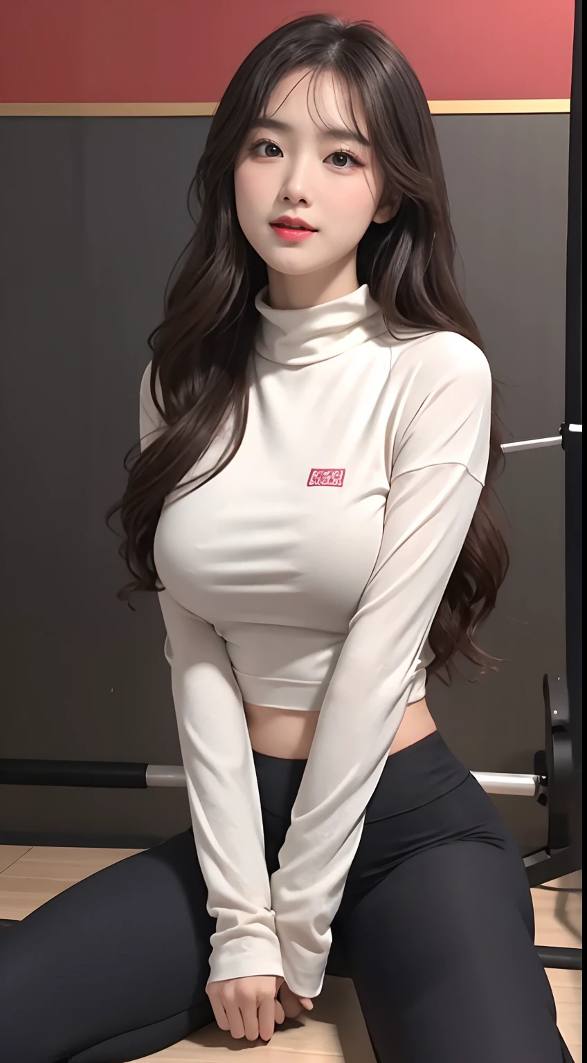 女の子 1 人、Mix 4、High Neck Long Sleeve Yoga Wear、Long pants leggings、very large breast:2.0、s lips、Opening Mouth、realisitic、a picture_\(Curly\)、独奏、(masterpiece)、(Photorealsitic:1.3)、ultra-detailliert、(high detal)The skin:1.2)、(top-quality:1.0)、(超A high resolution:1.0)、(Orchan-6500:0.3)、Wavy detailed hair、length hair、rays of sunshine、(Beautiful detailed makeup)、(sexual excitement、red blush、Rough breathing:1.0) )、(Being in the gym、Power Rack、Black walls)、Spread your legs apart