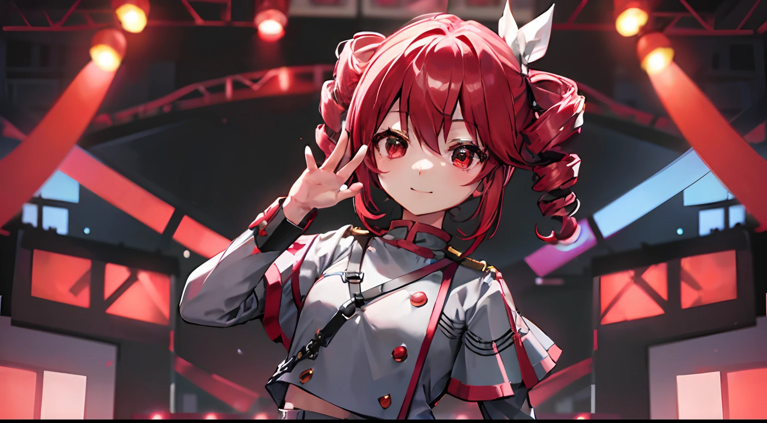 kawaii、1girl in、hiquality、((​masterpiece))、Tet、KasaneTeto、Twindrill hair、Smile in public、at stage、red hairs、neat clothes of neat gray color,,,,,、Red curly hair like a drill、red eyes、Idle Pose、