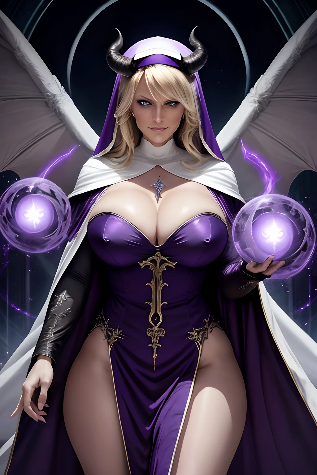 Stormy Daniels : The evil nun, Demon horn, Demon wings on the head , sexy robe de nonne, A spherical glow of purple energy appears from these hands and absorbs the white energy of the beings around her, diabolique, insidieux , Context of the Satanic Church, detailled eyes, detailed hands
