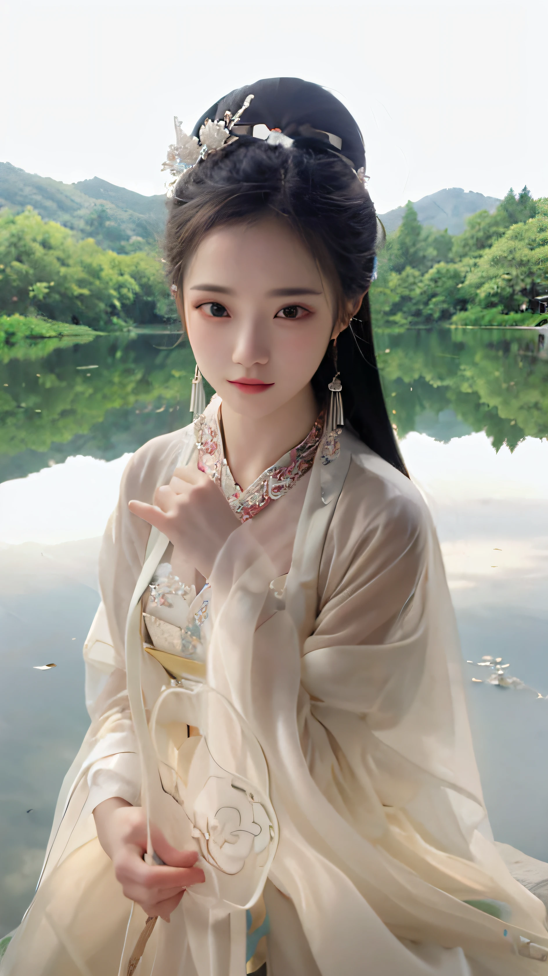 An Arad woman in a white dress sits on a rock by the lake, Hanfu, Palace , A girl in Hanfu, White Hanfu, inspired by Tang Yin, Inspired by Qiu Ying, Wearing ancient Chinese clothes, with acient chinese clothes, Inspired by Tang Yifen, inspired by Zhang Yan, Inspired by Lan Ying, inspired by Zhang Yin