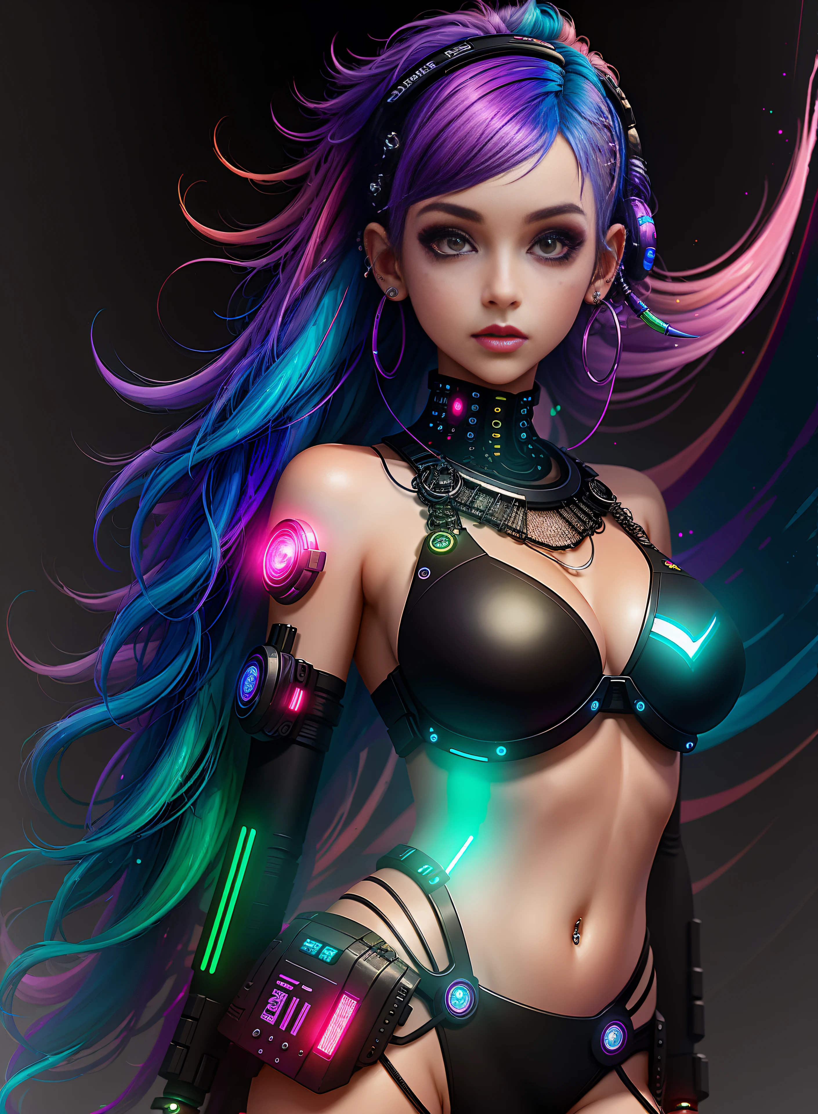 ((best quality)), ((masterpiece)), ((realistic)), (detailed), (1 girl) full body woman with colorful hair and piercings, dreamy cyberpunk girl, 4K high-detail digital art, stunning digital illustration, stunning 8K artwork, colorful digital fantasy art, colorful and dark, beautiful digital artwork, colorful digital painting, cyberpunk digital anime art, girl with luminous wave, 8K HD digital wallpaper art, gorgeous digital painting