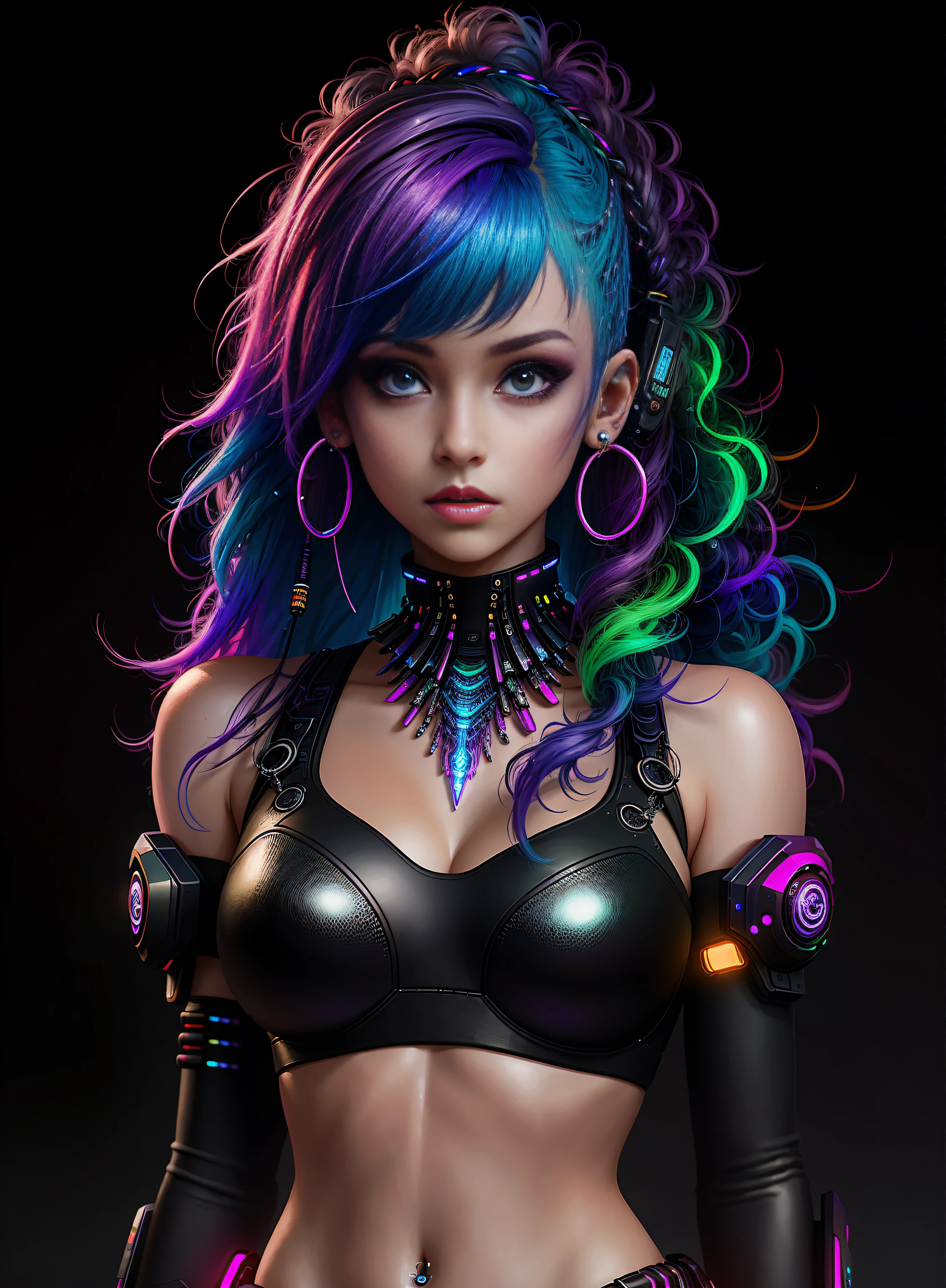 ((best quality)), ((masterpiece)), ((realistic)), (detailed), (1 girl) full body woman with colorful hair and piercings, dreamy cyberpunk girl, 4K high-detail digital art, stunning digital illustration, stunning 8K artwork, colorful digital fantasy art, colorful and dark, beautiful digital artwork, colorful digital painting, cyberpunk digital anime art, girl with luminous wave, 8K HD digital wallpaper art, gorgeous digital painting