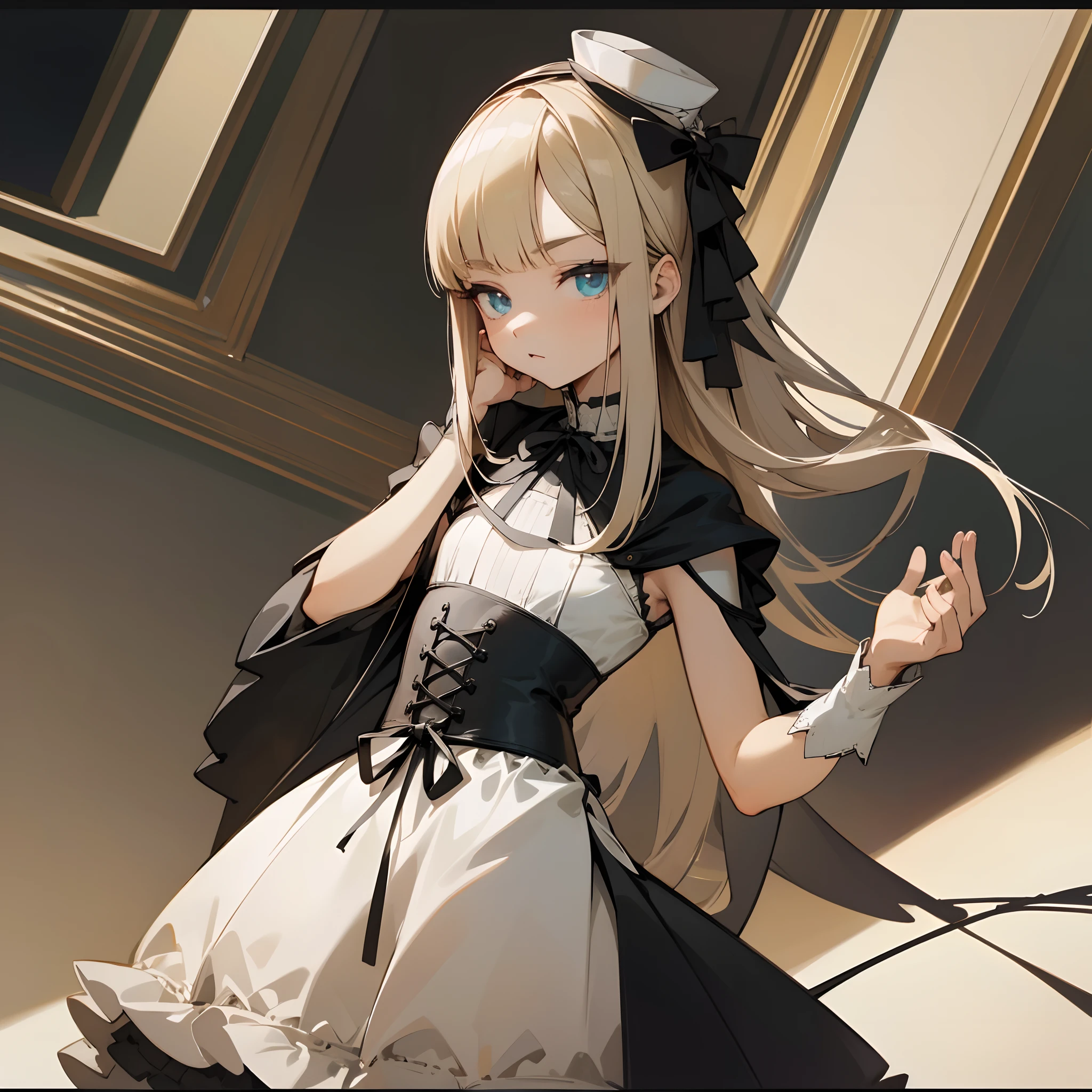 Reines, 1girl, high quality, best quality, illustration, masterpiece, (highly detailed:1.2), (extremely detailed:1.3), flat chest, sleeveless, gothic lolita, young girl, white dress, looking at viewers, short skirt, white, string ribbon, in a house