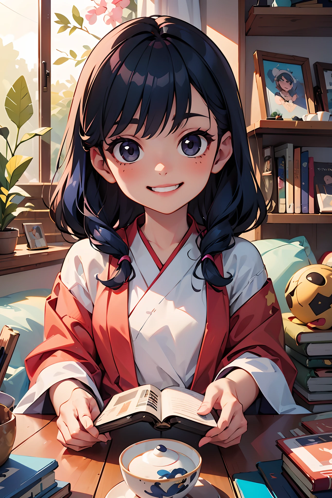 Best quality, 1girll, ((view the viewer)), Dark blue hair, Black eyes, long whitr hair, flatchest,Smoke-pink hanfu,Gentle 20 years old, 1girll, Solo, sole, grin, Tea,looking at book,shelves, dvd, Books, Video games, Computer, cdx, vinyl records, VHS tape,