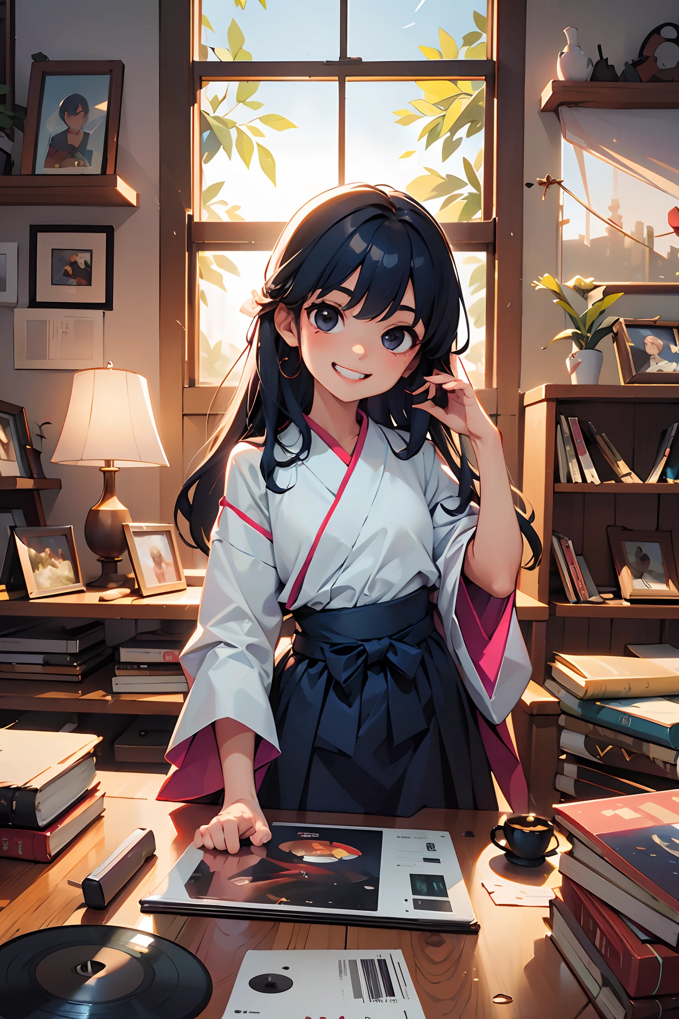 Best quality, 1girll, ((view the viewer)), Dark blue hair, Black eyes, long whitr hair, flatchest,Smoke-pink hanfu,Gentle 20 years old, 1girll, Solo, sole, grin, Tea,looking at book,shelves, dvd, Books, Video games, Computer, cdx, vinyl records, VHS tape,