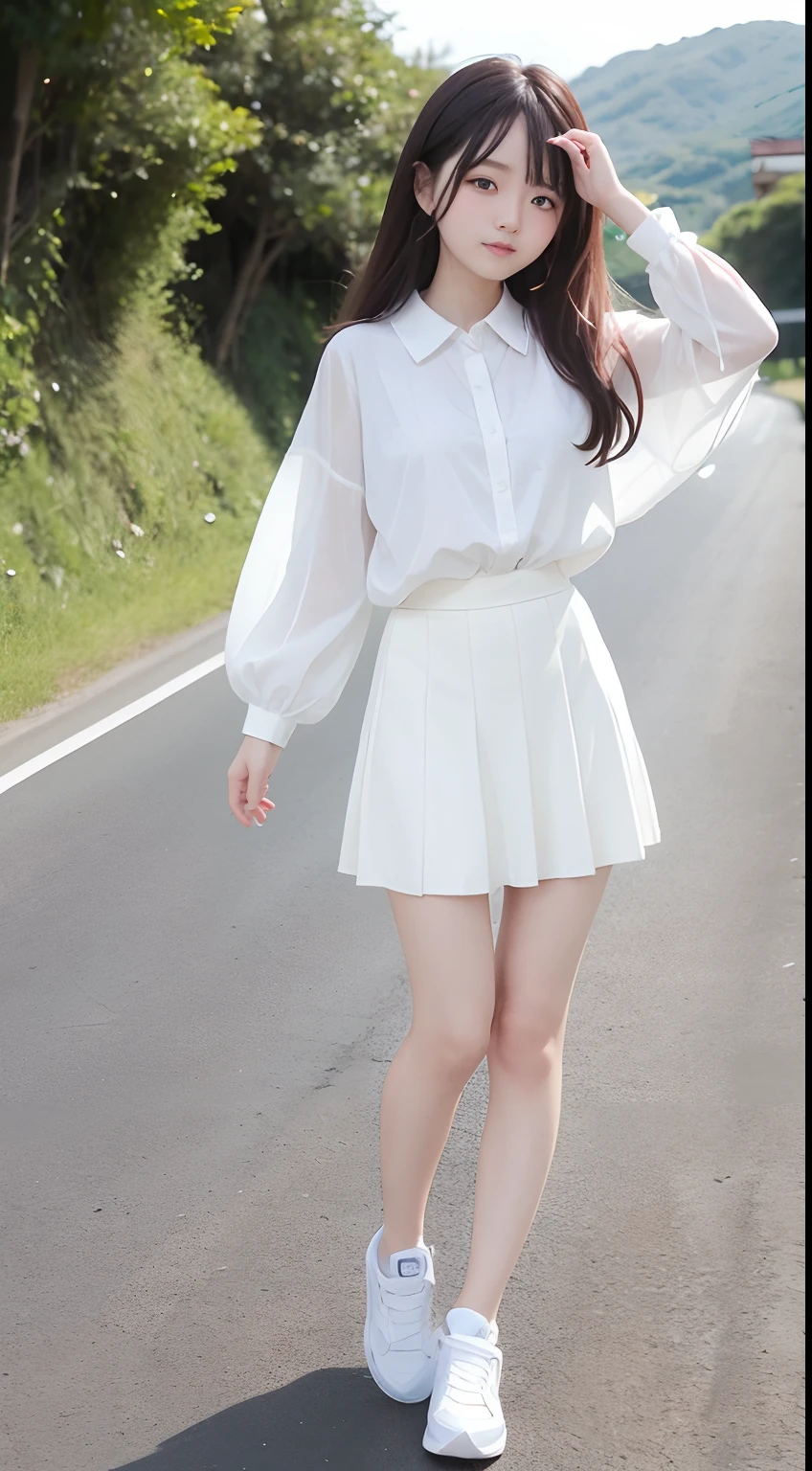 myself、24 year old、soio、The figure is the whole body、is standing、 legs are long and beautiful、Pretz skirt、I'm wearing a white blouse、Transparent Girl、High-cut sneakers、looking at me, Smiling and waving、Beautiful buttocks、Background is a coastline road、Clear air、Sunshine is summer sunshine、The blue sky is spreading、The ankles are also thin、hair is semi-long、My hair is fluttering in the wind