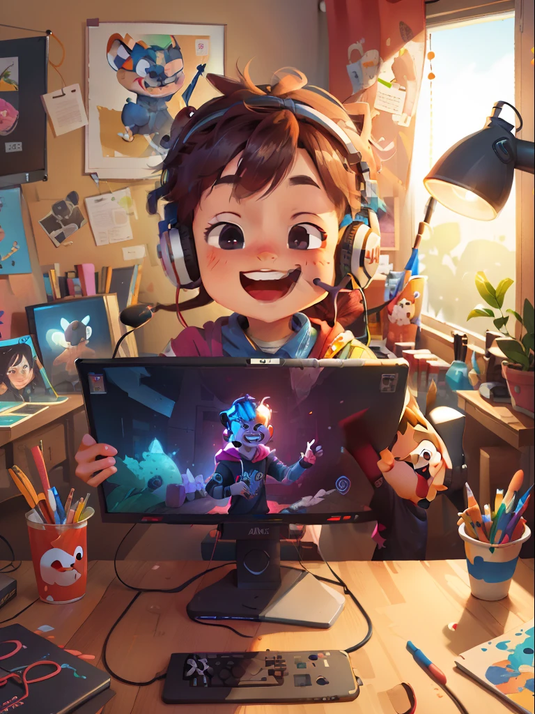 high detal、Art Learning、Smiling Gamerboy,Happy look、Perfect hands, RGB ,Monitors、headset on head, Art work on background monitor、livestream、Paint on the desk、Art works in the room