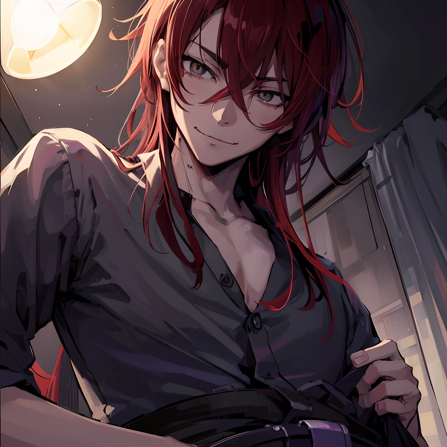 Japanese anime, Low - Angle,Beautiful young man, Red hair, Long medium hair, (((Gray eyes))), slit-eyes, Evil smile, gray shirt, Unbutton, Grumpy room at night, Lamp Light,High quality, amount of drawing, pixiv illustration