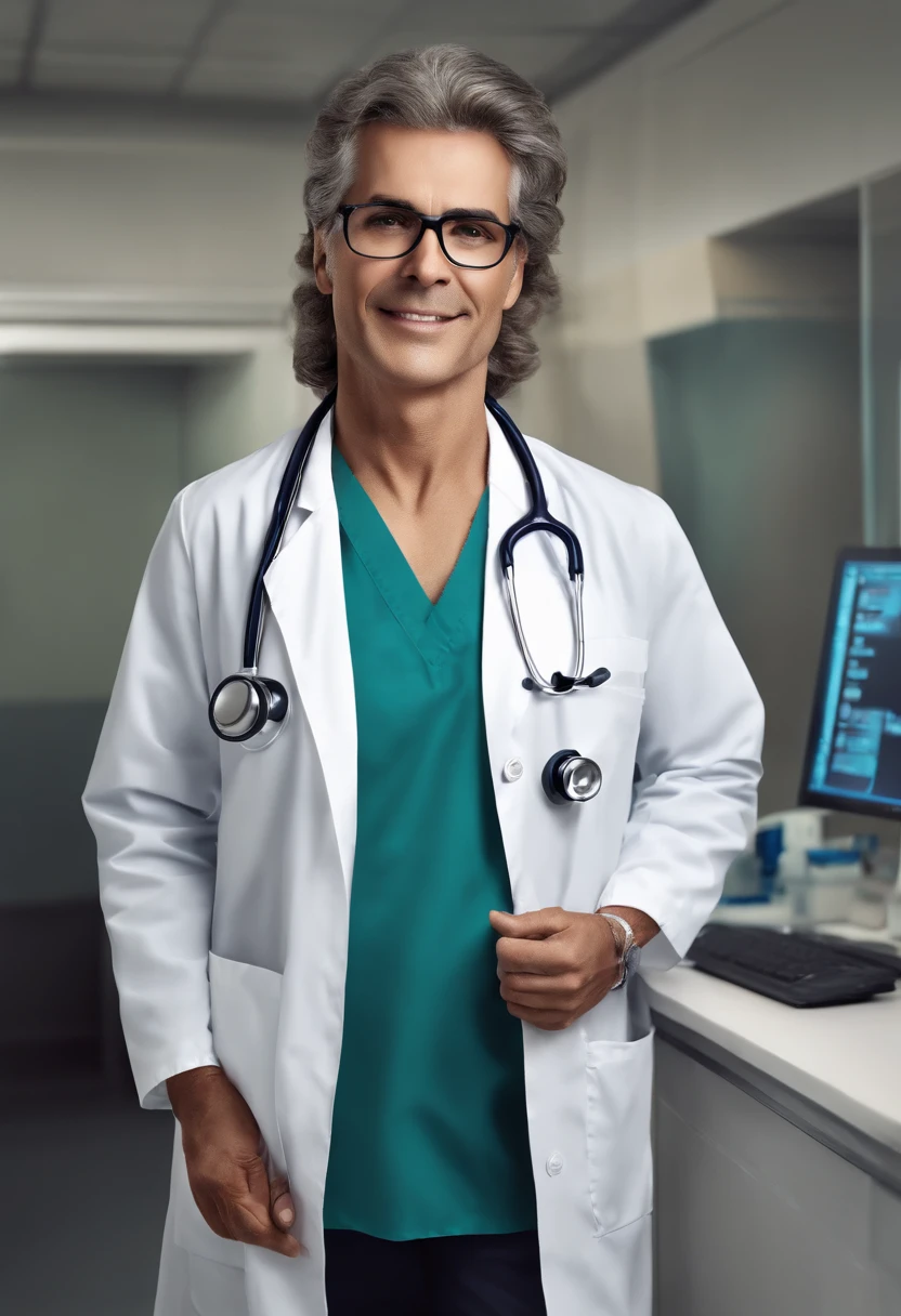 fotorrealista, high resolution, Realistic image of a doctor, de jaleco cor branco, charismatic, de cabelos solto e branco, de corpo inteiro, Looking at the camera, fundo de clinica de hospital