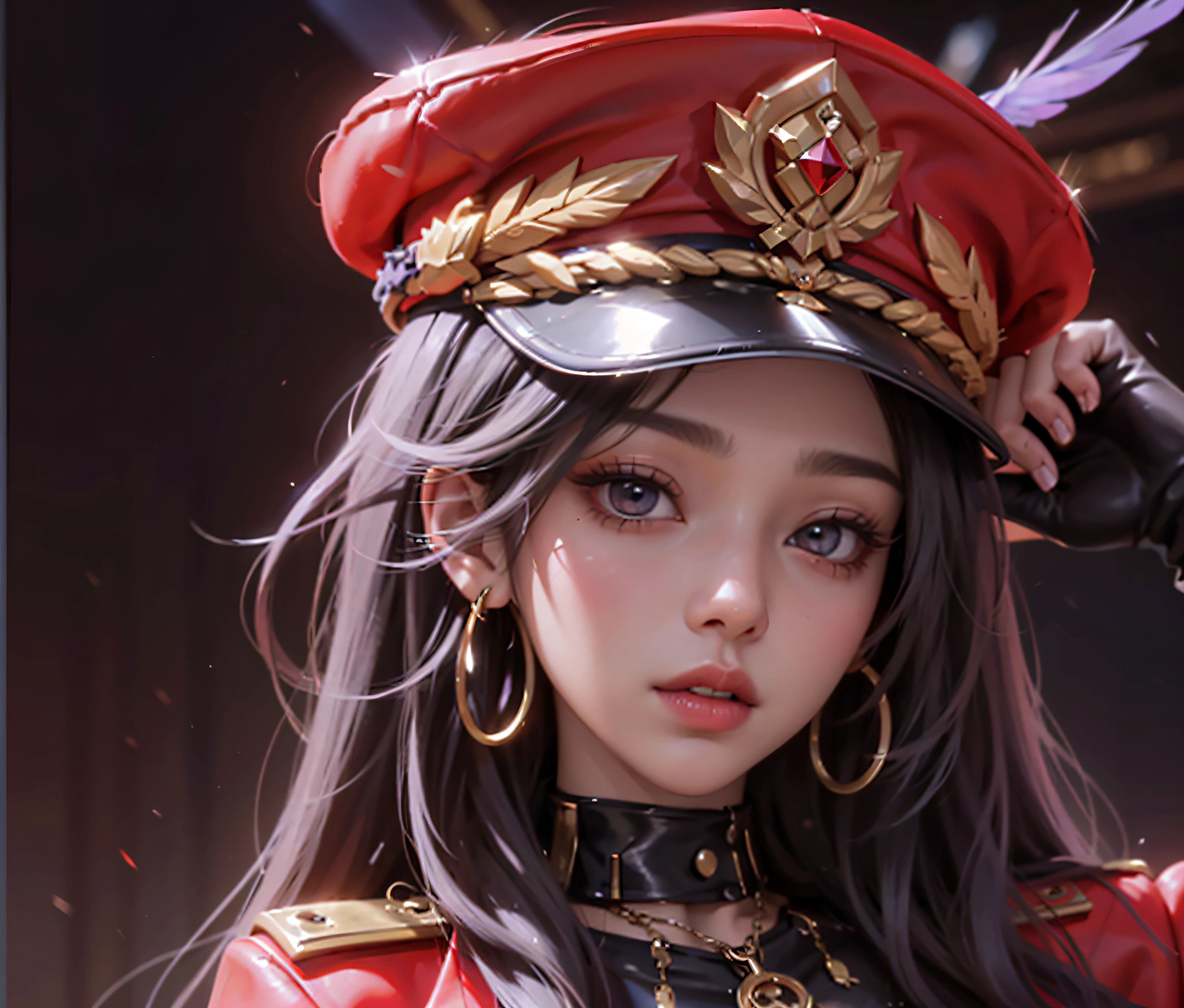 1 girlirl, Beautiful and realistic Cardi B as a semi-Asian mestizo, Half of League of Legends Spanish Prestige KDA comes entirely from Achri,Ultra HD, 8K quality, A girl, Very long hair, Detailed eyes, Frontal capture, Unreal Engine 5,Wearing a military cap,Military uniform temptation,Reclining on the sofa,Black sofa,Red military uniform,Bright red tones