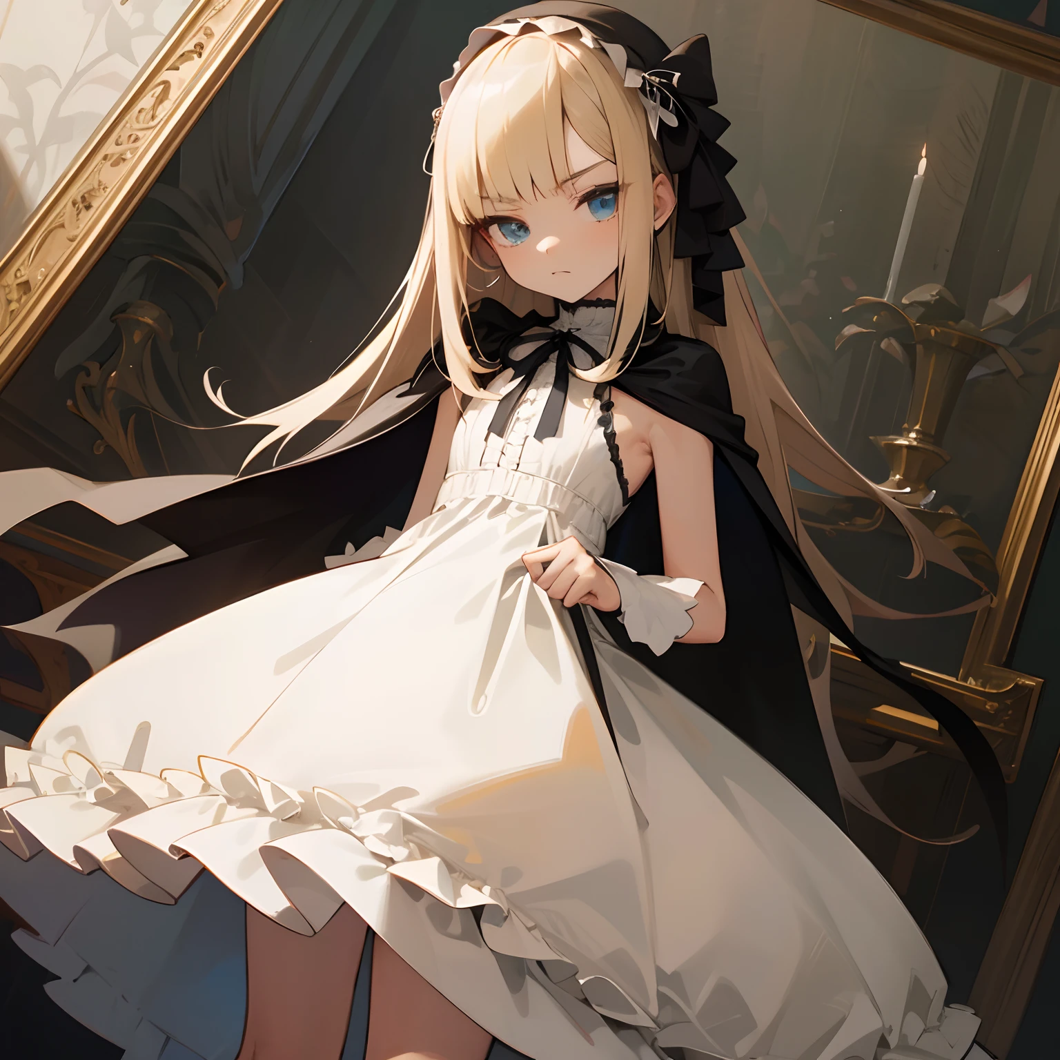 Reines, 1girl, high quality, best quality, illustration, masterpiece, (highly detailed:1.2), (extremely detailed:1.3), flat chest, sleeveless with cape, gothic lolita, young girl, white dress, looking at viewers, short skirt, white, string ribbon, in a house