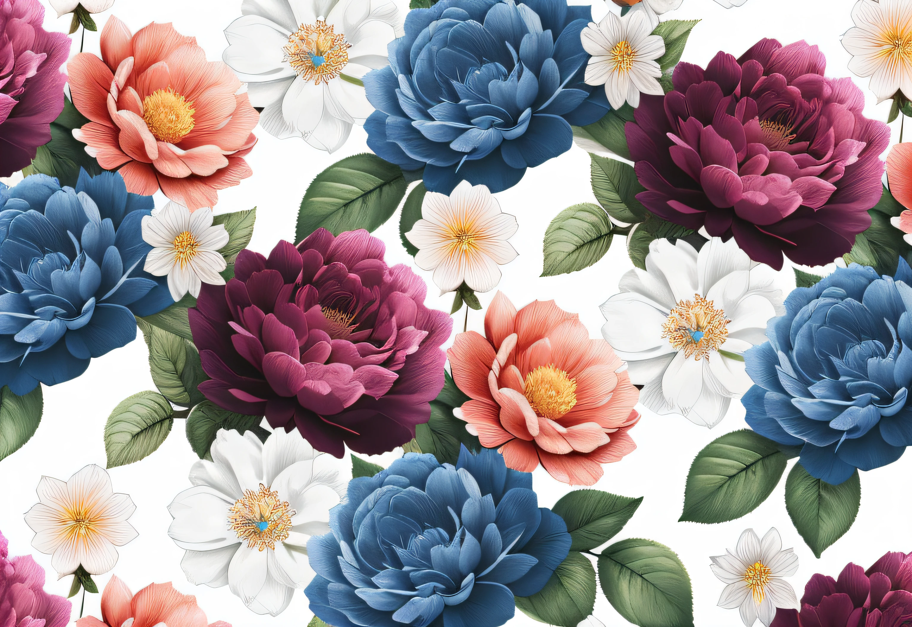 There are many flowers of different colors on a white background, floral wallpaper, Dark flower pattern wallpaper, ornate floral, floral patterns, Garden floral pattern, detailed flowers, Rich floral colors, colored flowers, floral explosion, Floral details, flowery wallpaper, with colored flowers, opulent, floral dream, floral flowers colorful, highly detailed digital artwork, exquisite floral details