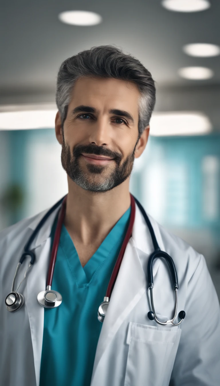 high resolution, Realistic image of a doctor, de jaleco cor branco, charismatic, de cabelos solto e branco, de corpo inteiro, Looking at the camera, fundo de clinica de hospital