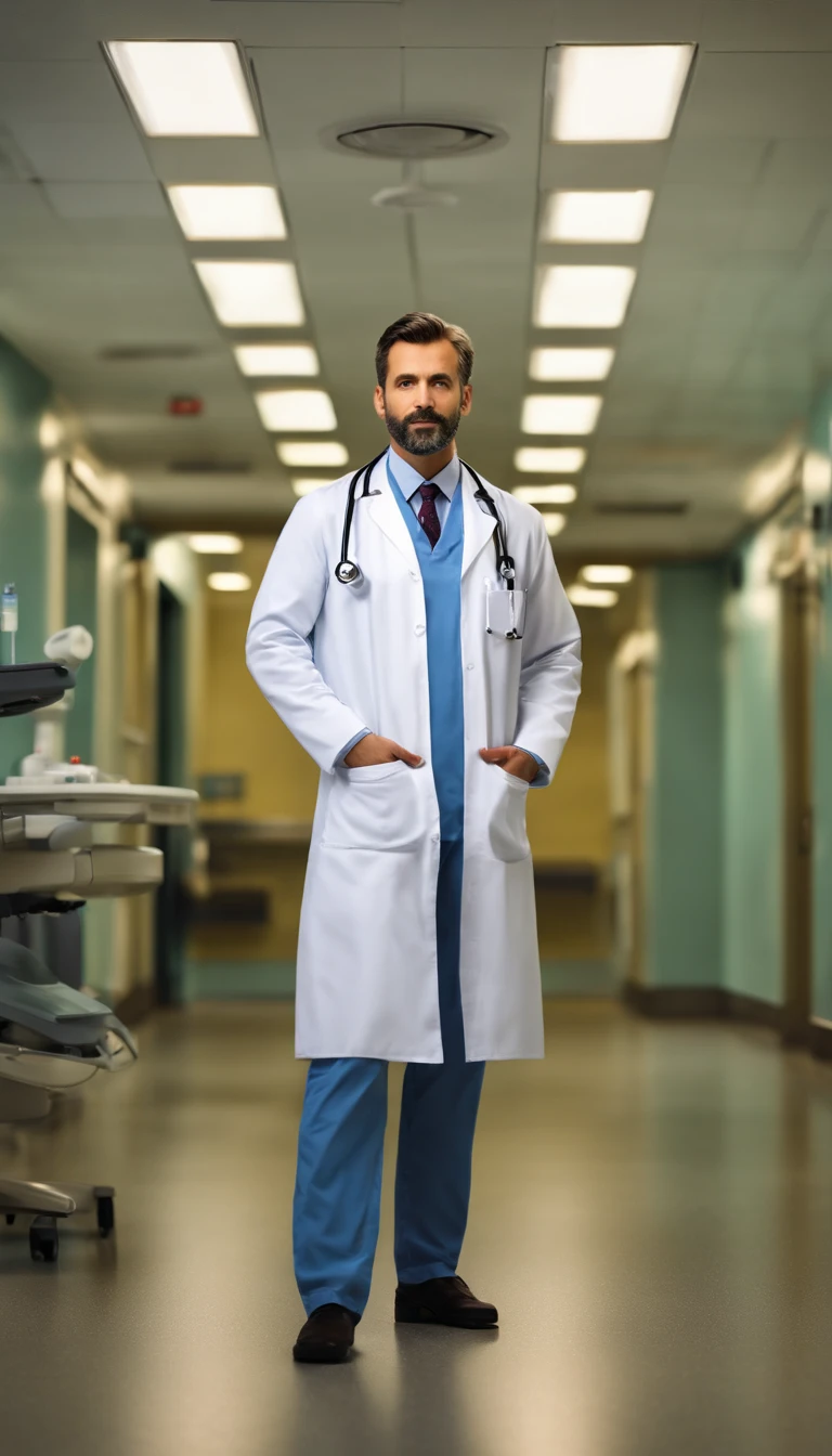 high resolution, Realistic image of a doctor, de jaleco cor branco, charismatic, de cabelos solto e branco, de corpo inteiro, Looking at the camera, fundo de clinica de hospital