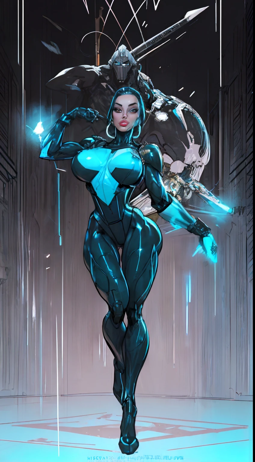 8k ((full body view))((view from below:1.5)),(large eyes:1.3), defined cheekbones, looking back, ((the pit style:1.4))((sleek dark blue bodysuit:1.6)) ((intricate metal details:1.4))detailed face:1.5), lightblue skin,(puffy lips:1.5) (lightblue skin:1.6), (bald woman:1.7), (skinhead) ((sexy pose)),(Muscular:1.3), ((gigantic breasts:1.5)), )highly detailed, ((intricate neon lines on bodysuit:1.3)), majestic, digital photography, art by artgerm and ruan jia and greg rutkowski, ((metal shoulder pads:1.6)), (masterpiece), sidelighting, intricate details, (((black color palette)))