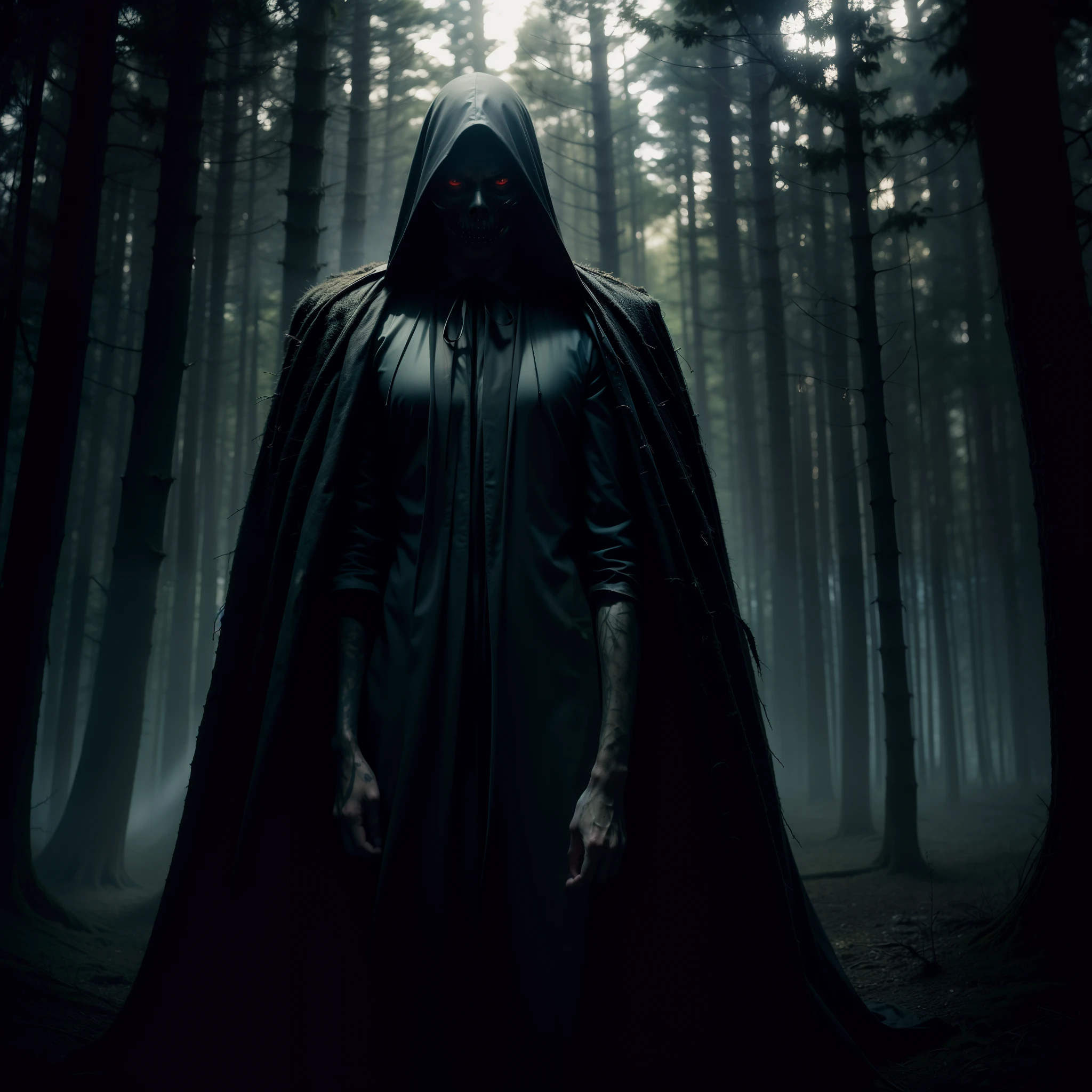 In the depths of a shadowy forest, an ominous, cloaked figure looms, his hooded face obscured by darkness. This eerie being, known as the Stygian Enchanter, is captured in a hauntingly detailed photograph. The image is rich in contrasts, with deep blacks and eerie greens enhancing the enchanter's sinister aura. The details are sharp and vivid, bringing out the intricate patterns on his robes and the glint of malevolent eyes peering out from the shadows. This high-quality photograph transports viewers into a realm of dark magic and mystical intrigue.