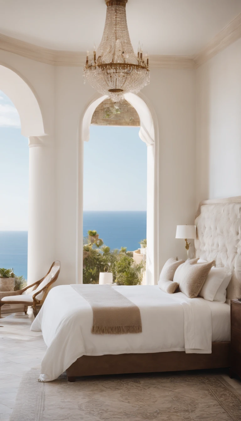 An opulent, dreamy bedroom designed in the Hollywood Regency style, featuring glamorous decor and a plush, king-sized bed. The room overlooks a private infinity pool that seems to blend seamlessly with the endless azure of the Mediterranean Sea.