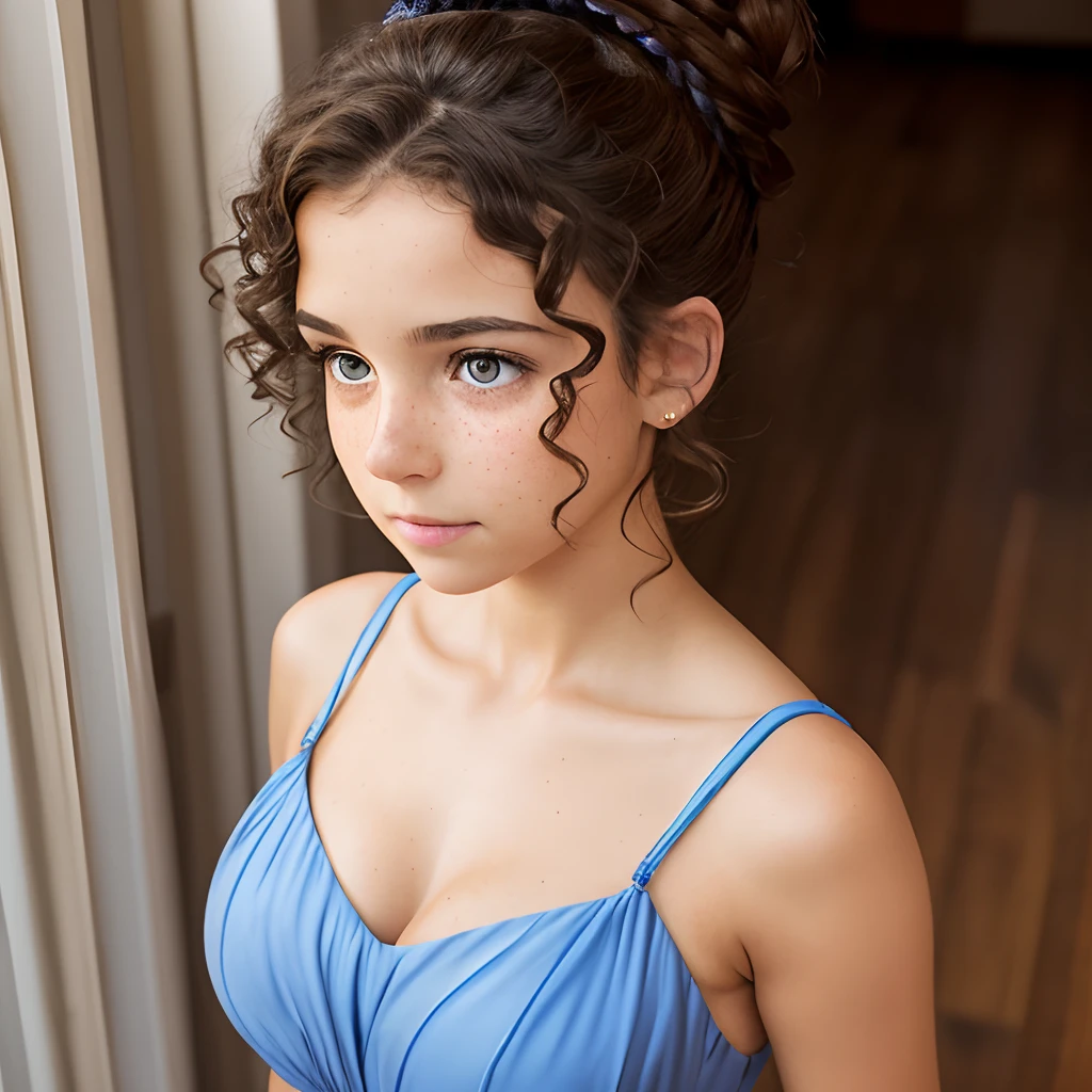 1girl, , short curly dark brown hair in a bun, tan skin, freckles, blue eyes, wearing a bridesmaid dress, full-body image, bored expression, looking afar, (huge breasts), full-body shot, wide angle, (hanging breasts),