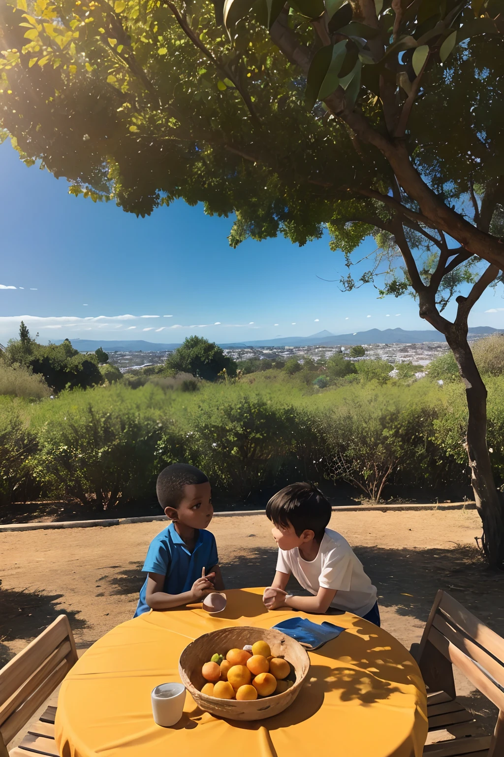 Under a blue sky，There is a table，On the close-up table is a South African tangerine，The vista is surrounded by orange trees，In the middle view, a pair of children play under a tangerine tree