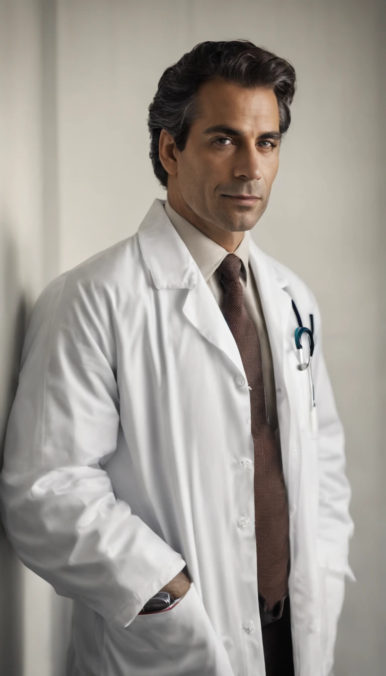 high resolution, Realistic image of a doctor, de jaleco cor branco, charismatic, de cabelos solto e branco, de corpo inteiro, Looking at the camera, (Rosto detalhado) , fundo de clinica de hospital