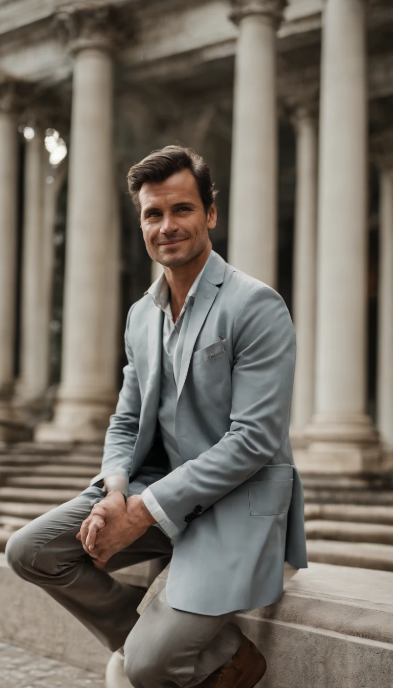 high resolution, Realistic image of a doctor, de jaleco cor branco, charismatic, de cabelos solto e branco, de corpo inteiro, Looking at the camera, (Rosto detalhado) , fundo de clinica de hospital