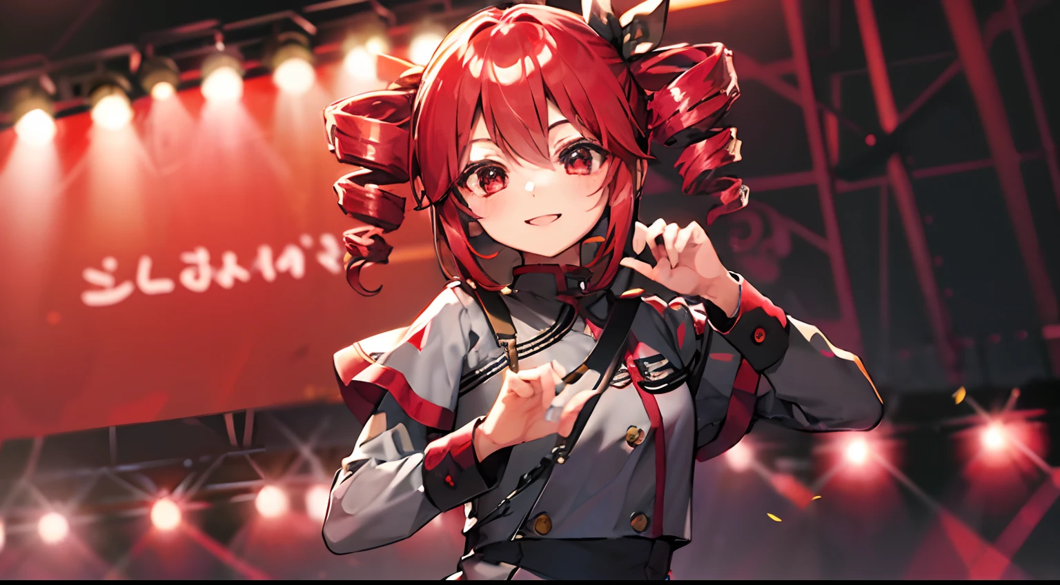 kawaii、1girl in、hiquality、((​masterpiece))、Tet、KasaneTeto、Twindrill hair、Smile in public、at stage、red hairs、neat clothes of neat gray color,,,,,,、Red curly hair like a drill、red eyes、Idle Pose、refer５Boken