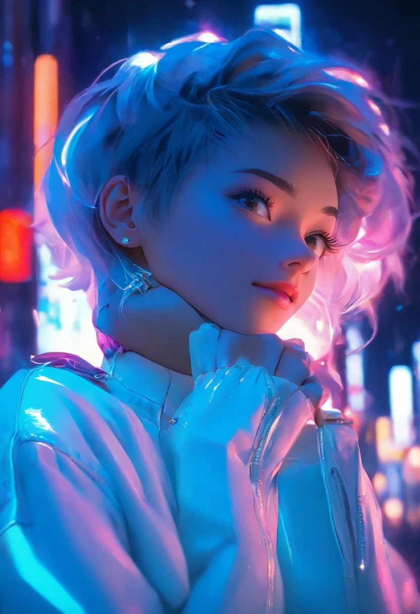Boyish beautiful woman alone in neon glowing night city，（Beautiful woman putting her hand on her cheek），（Shorn hairstyle：1.5），（Short hair on ash color hair, white eyeballs）, White jacket，（White leather jeans：1.5）,Boyish hairstyle，Stylish hairstyles，Hide your face with bangs，skinFang, red-lips, Seductive smile, Beautuful Women，aggressive, Chiaroscuro, depth of fields, Full body, （Put your hands on your cheeks：1.5）, masuter piece, Super Detail,4K， in 8K, nffsw, romanticism, Anatomically correct, high details，head shot，Perfect fingertip，perfect hand，Front side light