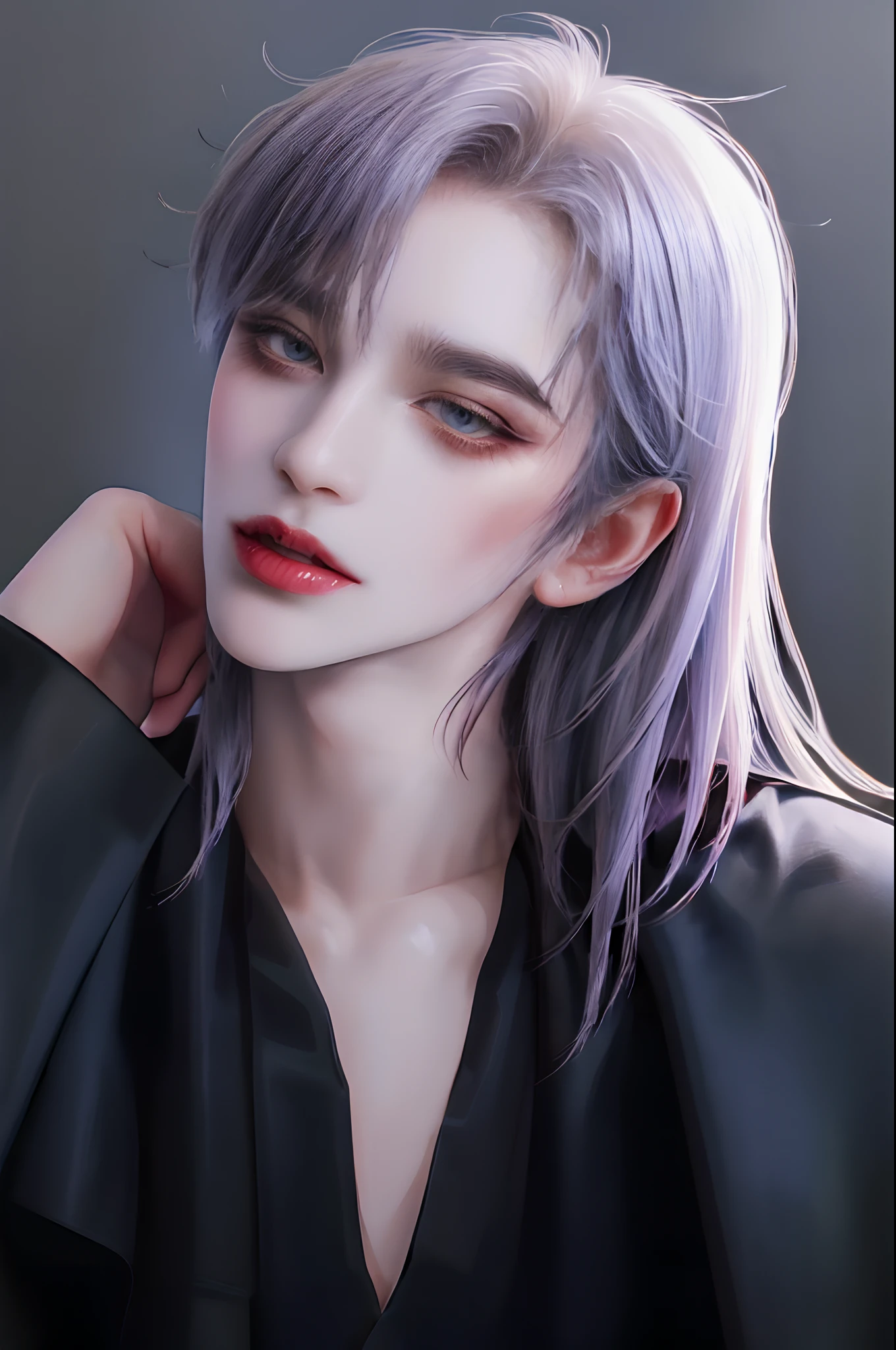 ((4K works))、​masterpiece、（top-quality)、((high-level image quality))、((One beautiful vampire woman))、Slim body、((Vampire Black Y-Shirt Fashion))、(Detailed beautiful eyes)、((Fantastic black background))、((Face similar to Chaewon in Ruseraphim))、((shoulder-length hair))、((bright silver hair))、((Smaller face))、((Neutral face))、((Light blue eyes))、((Korean Women))、((18year old))、((Wild Lady))、((Show your teeth and smile))、((Korean makeup with black eyeshadow))、((elongated and sharp eyes))、((Shot alone))、((Vampires))、((Vampire Woman))、Vampire Photos、Villain、Dark Proof、Dark Filter、((Shot diagonally from the side))、Vampire Pose