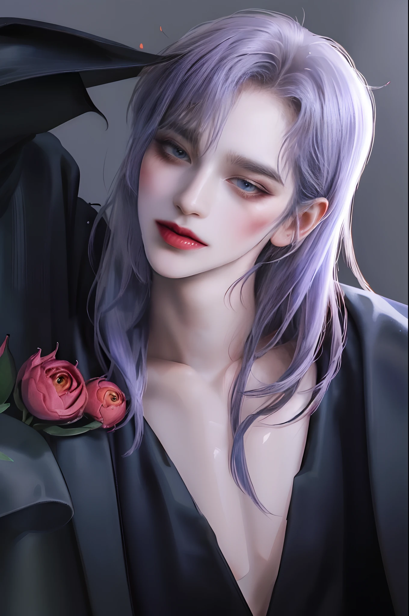 ((4K works))、​masterpiece、（top-quality)、((high-level image quality))、((One beautiful vampire woman))、Slim body、((Vampire Black Y-Shirt Fashion))、(Detailed beautiful eyes)、((Fantastic black background))、((Face similar to Chaewon in Ruseraphim))、((shoulder-length hair))、((bright silver hair))、((Smaller face))、((Neutral face))、((Light blue eyes))、((Korean Women))、((18year old))、((Wild Lady))、((Show your teeth and smile))、((Korean makeup with black eyeshadow))、((elongated and sharp eyes))、((Shot alone))、((Vampires))、((Vampire Woman))、Vampire Photos、Villain、Dark Proof、Dark Filter、((Shot diagonally from the side))、Vampire Pose