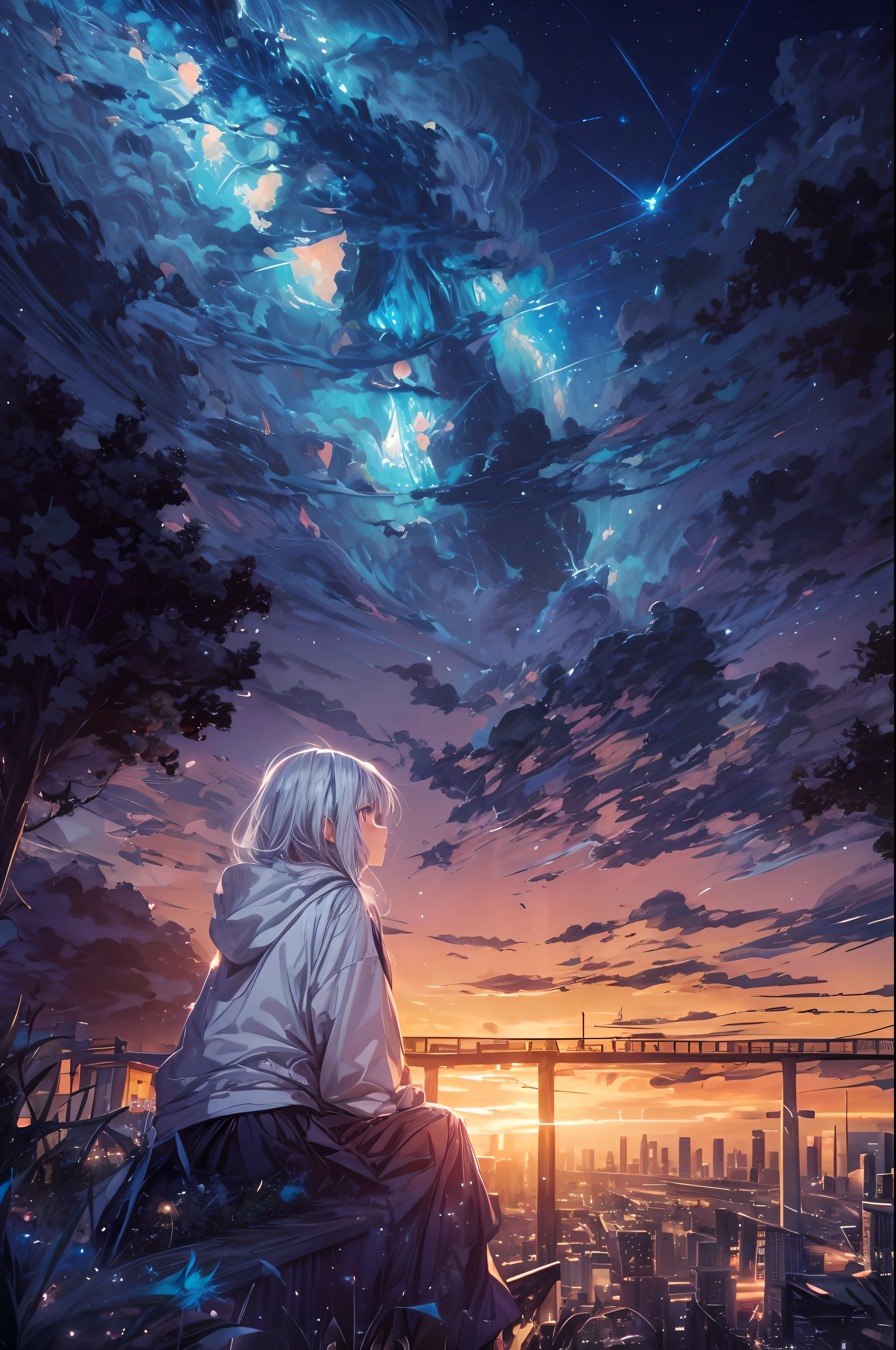 octans, sky, star (sky), scenery, starry sky, night, 1girl, white medium hair, oversized hoodie, long skirt, night sky, solo, outdoors, building, cloud, milky way, sitting, tree, long hair, city, silhouette, cityscape, Illustration with depth, horizon, (perspective:1.2),Outlook,distant scenery,distant,