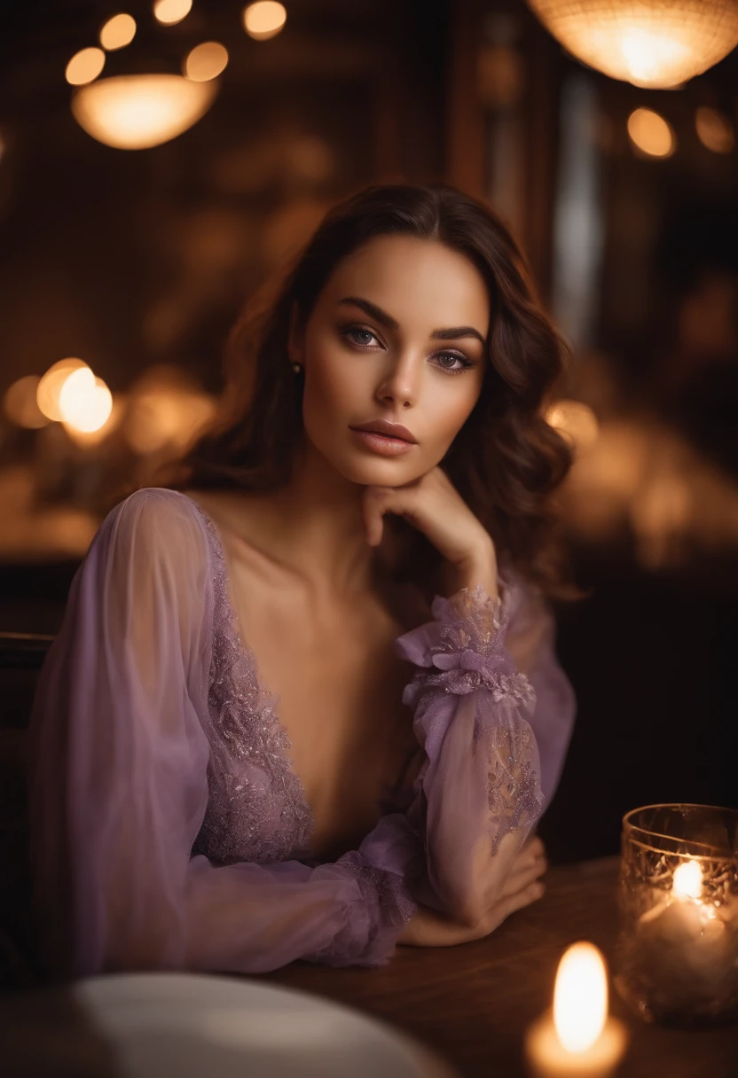 Femme arafed avec robe, fille sexy aux yeux bruns, Portrait Sophie Mudd, cheveux bruns et grands yeux, selfie of a young woman, restaurant, Violet Myers, sans maquillage, maquillage naturel, Regarde son plat, Visage avec Artgram, Superbe photo du corps entier, clivage