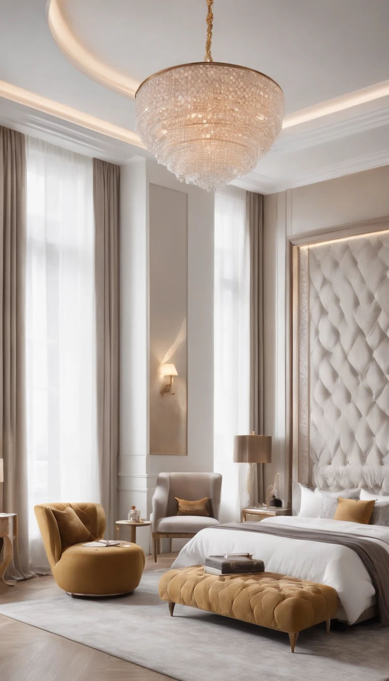 (best quality,4k,8k,highres,masterpiece:1.2),ultra-detailed,(realistic,photorealistic,photo-realistic:1.37),classy, hifi, modern, beautiful, elegant style bedroom in cinematic view,exquisite interior design,floor-to-ceiling windows overlooking a city skyline,polished marble flooring,plush velvet curtains,grand chandelier hanging from the ceiling,luxurious king-sized bed with a tufted headboard,crisp white Egyptian cotton sheets,golden accent furniture,polished wooden flooring,modern artwork adorning the walls,soft ambient lighting creating a cozy atmosphere,luxurious plush carpet,comfortable lounge chair and ottoman,stylish and sleek nightstands with metallic accents,ornate ceiling moldings,refined color scheme of neutral tones,pop of vibrant colors in the form of art pieces,subtle patterned wallpaper,stylish and functional desk with a comfortable chair,full-length mirror with an antique gold frame,vintage-inspired vanity table with a Hollywood-style mirror,high-end sound system integrated into the room,smart lighting system to adjust the mood,concealed storage spaces for a clutter-free environment,curved TV mounted on the wall with surround sound speakers,modern fireplace with a sleek design,panoramic view of the cityscape at night,soft and luxurious area rug with intricate patterns,inviting and comfortable seating area,natural light pouring in through the windows during the day,ornate ceiling moldings and crown molding,artful display of decorative objects,expansive walk-in closet with built-in shelves and drawers,sculptural floor lamp adding an artistic touch to the space,statement piece of abstract artwork above the bed,expansive glass sliding doors leading to a private balcony with stunning views of the city,meticulously curated collection of books and magazines, cozy reading nook with a plush armchair and a floor lamp, serene and tranquil ambiance to promote relaxation and deep sleep.