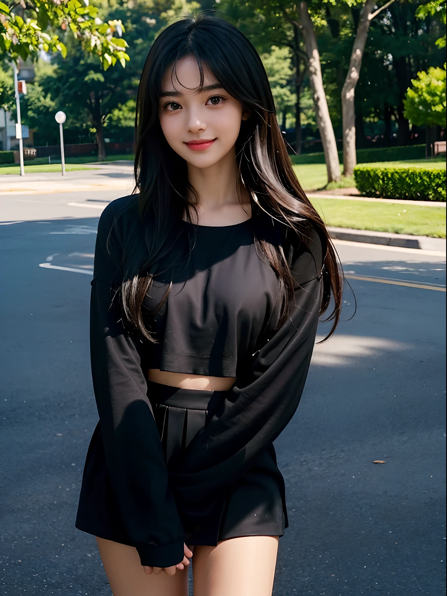 girl with１a person、１4-year-old girl、cute  face、delicated face、Coquettish smile、Lustrous lips、tthin eyebrows、Perky eyes、beautidful eyes、Very long black hair、Silky long straight hair、Thin braiding、Beautiful bangs、Delicate figure、Oversized jackets、pleatedskirt、a park