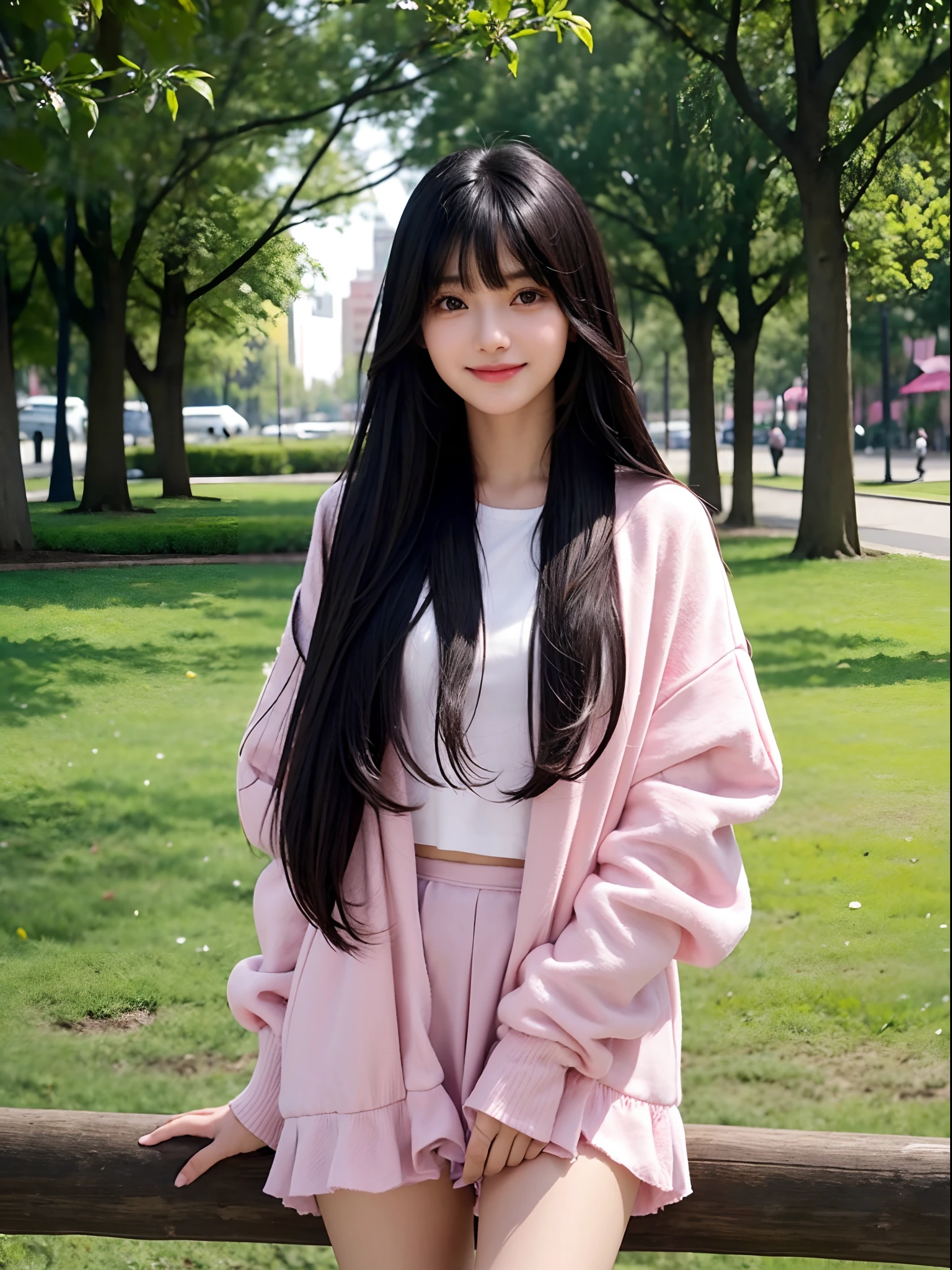 girl with１a person、１4-year-old girl、cute  face、delicated face、Coquettish smile、Lustrous lips、tthin eyebrows、Beautiful eyes、Very long black hair、Silky long straight hair、Pink extensions、Beautiful bangs、Delicate figure、Oversized jackets、pleatedskirt、a park