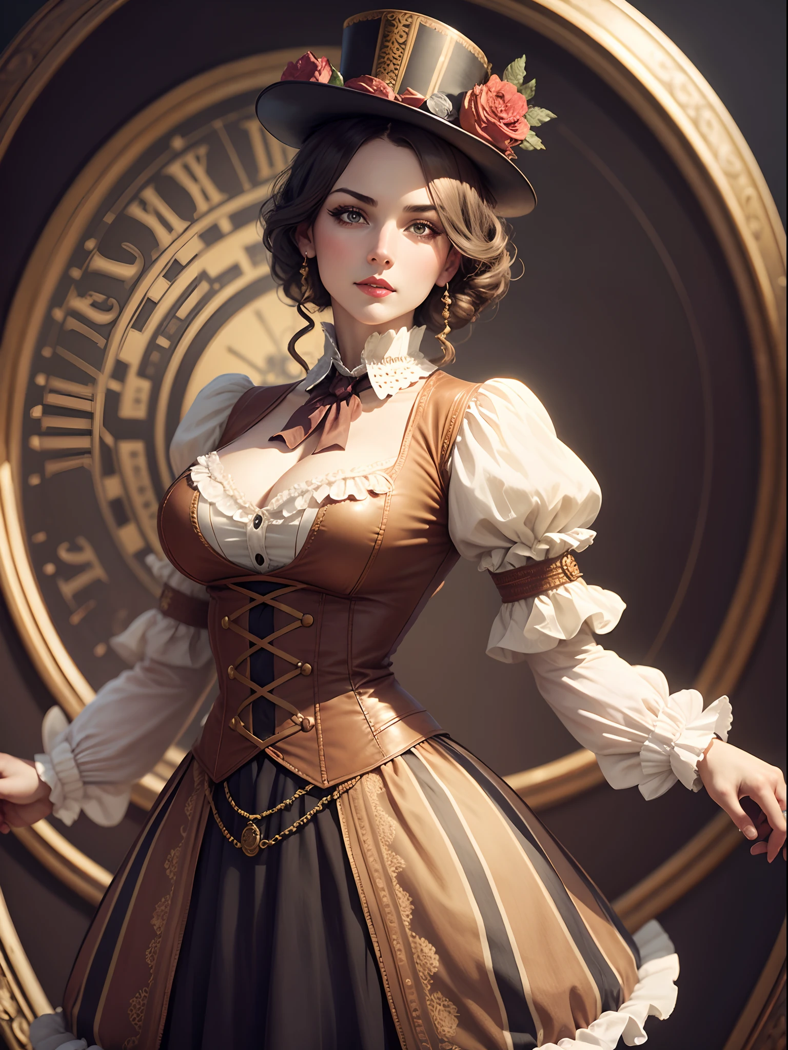 1girl, solo, short hair, medium breasts, (victorian collar), malinconic eyes, standing, dynamic pose, 8k, masterpiece, best quality, absurdres, perfect anatomy, cinematic lighting, cowboy shot, (nurse victorian clown uniform:1.1)