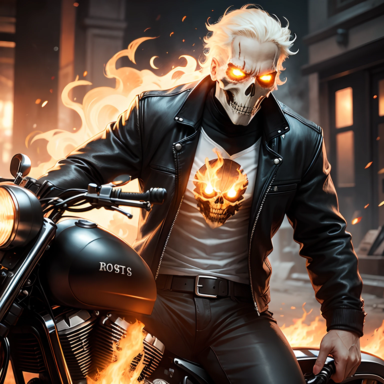 ghostrider, skull, (burning head), wearing leather jacket, leather pants,looking at viewer,
leaning, outside,city, street, night, overcast, ember, extreme detail, masterpiece, <lora:ghostrider:.8>