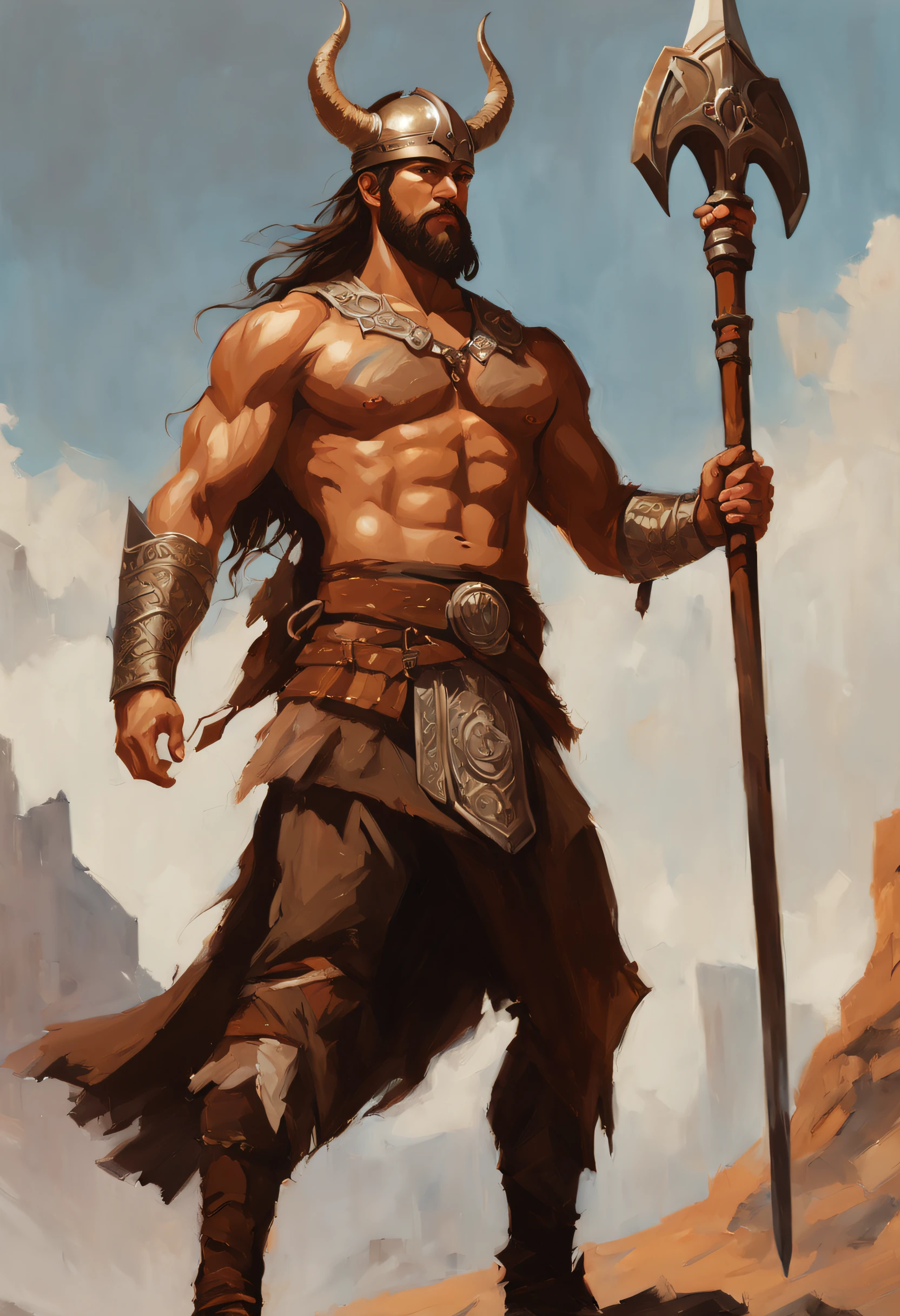 male in a brown outfit with a horned head and a sword, highly detailed character, viking warrior, epic viking king, norse ancient epic hero, muscular long haired with tattoo Philippine God of War, modelshoot style, (extremely detailed CG 8k wallpaper), body photo of the most beautiful artwork in the world, medieval armor, body portrait, Nimrod the first king of Babylon, hunter, barbarian, macho man, majestic professional oil painting by Ed Blinkey, Atey Ghailan, Studio Ghibli, by Jeremy Mann, Greg Manchess, Antonio Moro, trend at ArtStation, trend at CGSociety, Intricate, High Detail, Sharp Focus, Dramatic and Photorealistic Painting Art by Midjourney and Greg Rutkowski